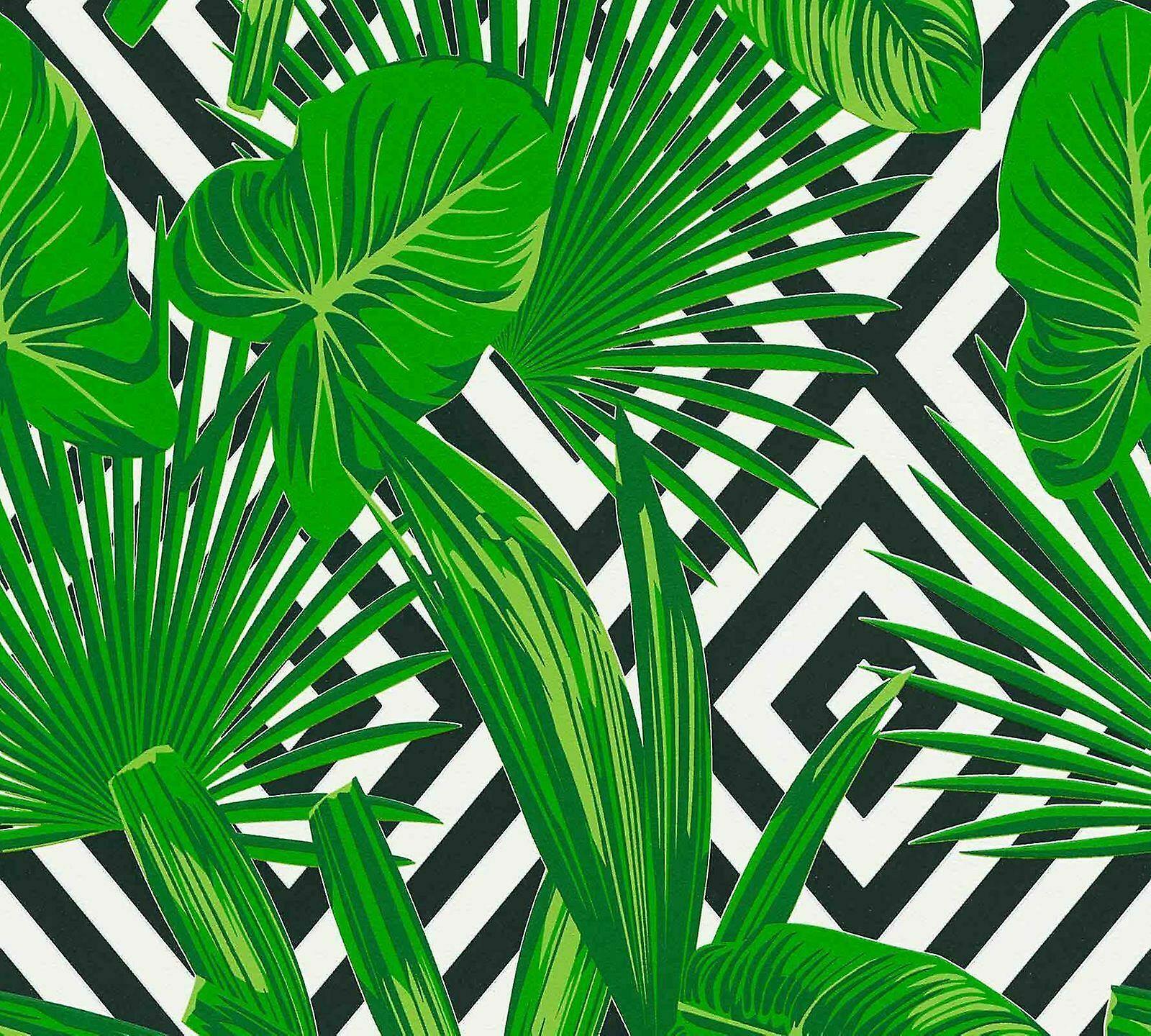 1600x1440 Tropical Leaf Wallpaper Leaves Diamond Geometric Green Black White Paste Wall
