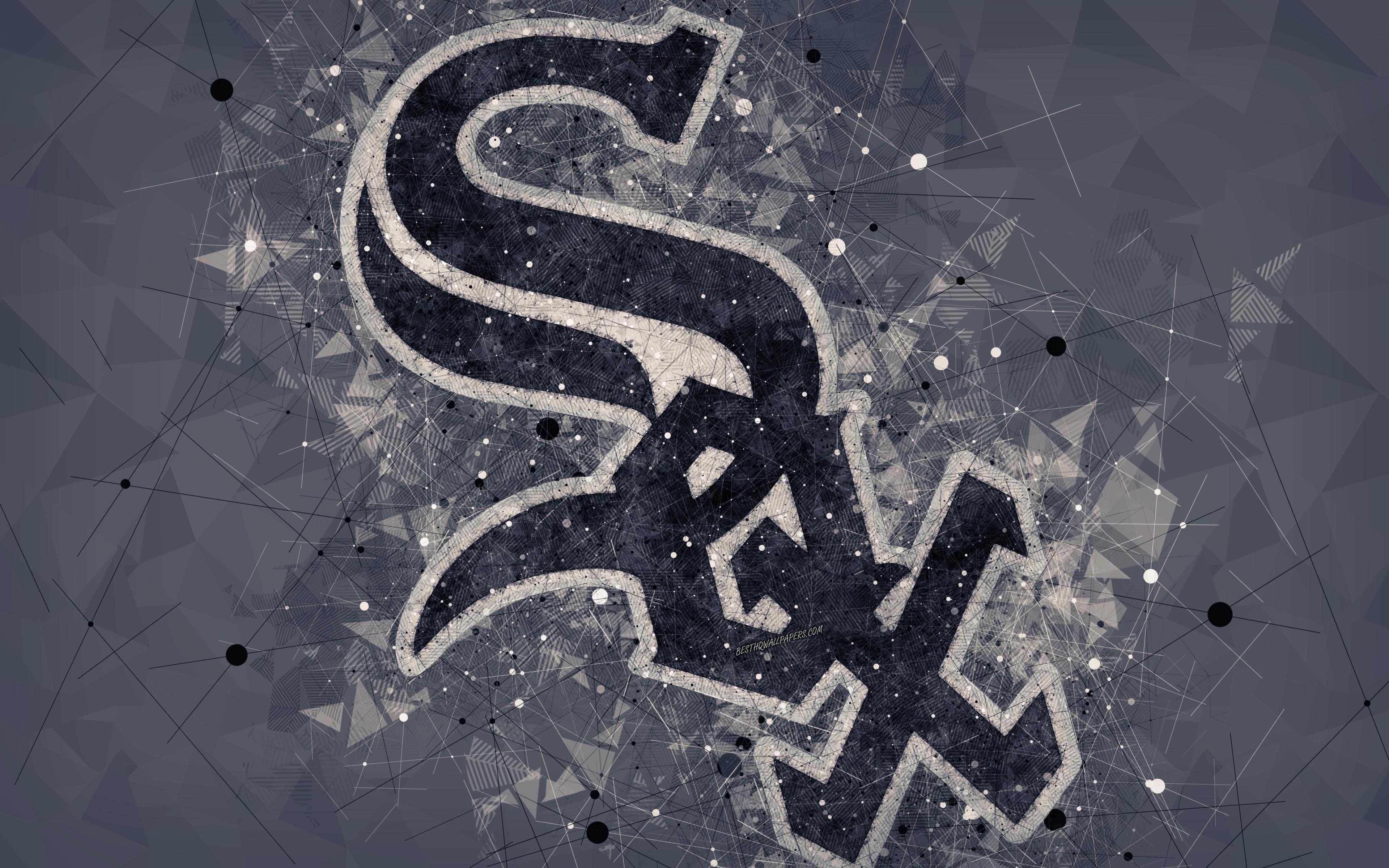 3840x2400 Download wallpaper Chicago White Sox, 4k, art, logo, american baseball club, geometric art, gray abstract background, American League, MLB, Chicago, Illinois, USA, baseball, Major League Baseball for desktop with resolution 3840x2400. High