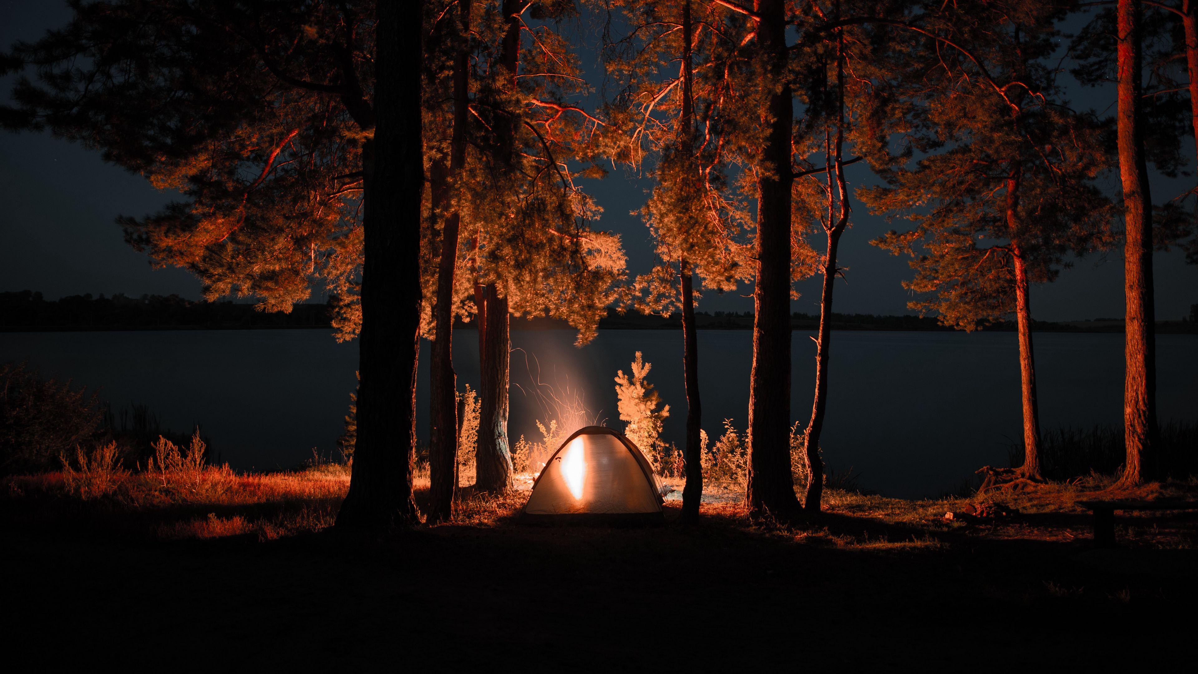 3840x2160 Download wallpaper 3840x2160 tent, campfire, camping, night, nature 4k uhd 16:9 HD background