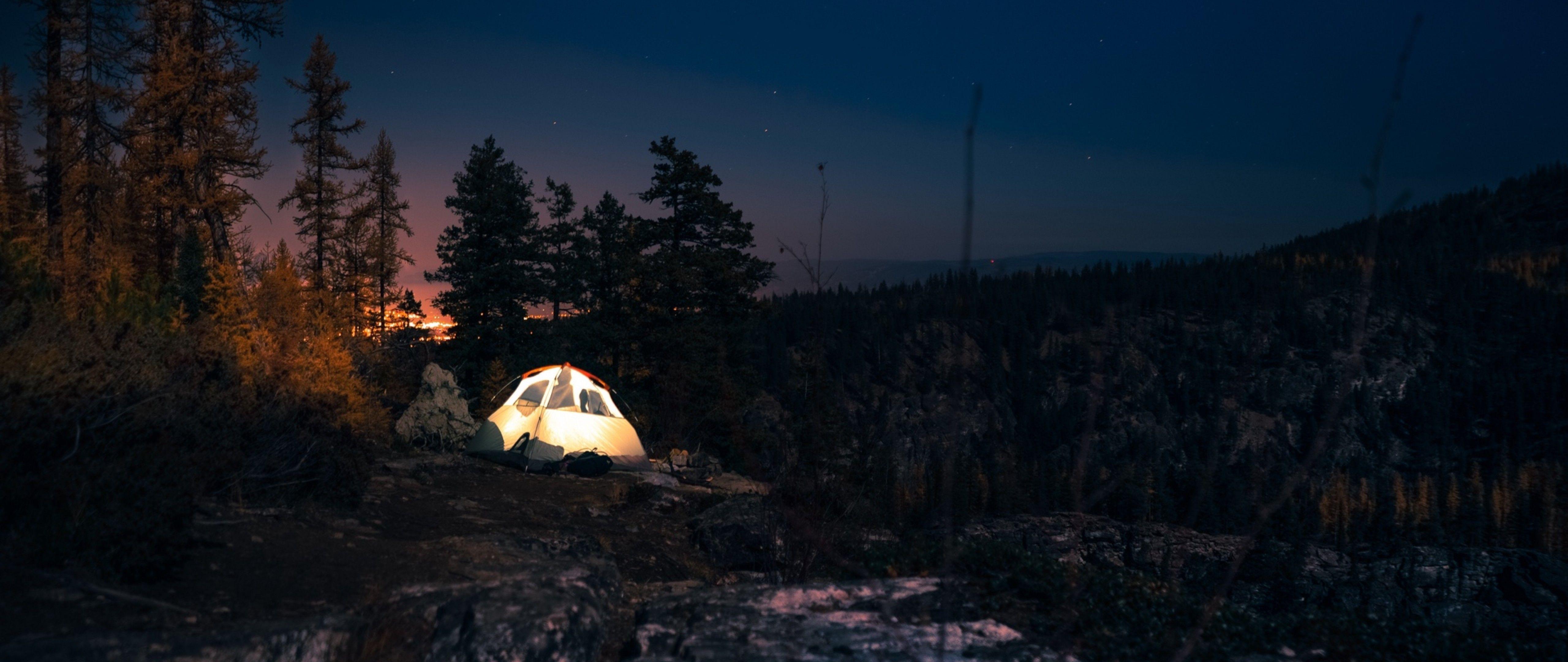 5120x2160 Forest Camping 4k Wallpaper