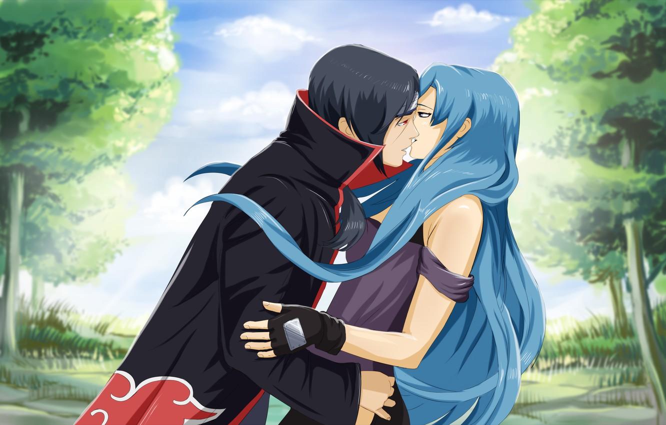 1332x850 Wallpaper forest, girl, gloves, guy, ninja, Naruto, blue hair, Uchiha Itachi, Akatsuki, fan art, akina686 image for desktop, section сэйнэн