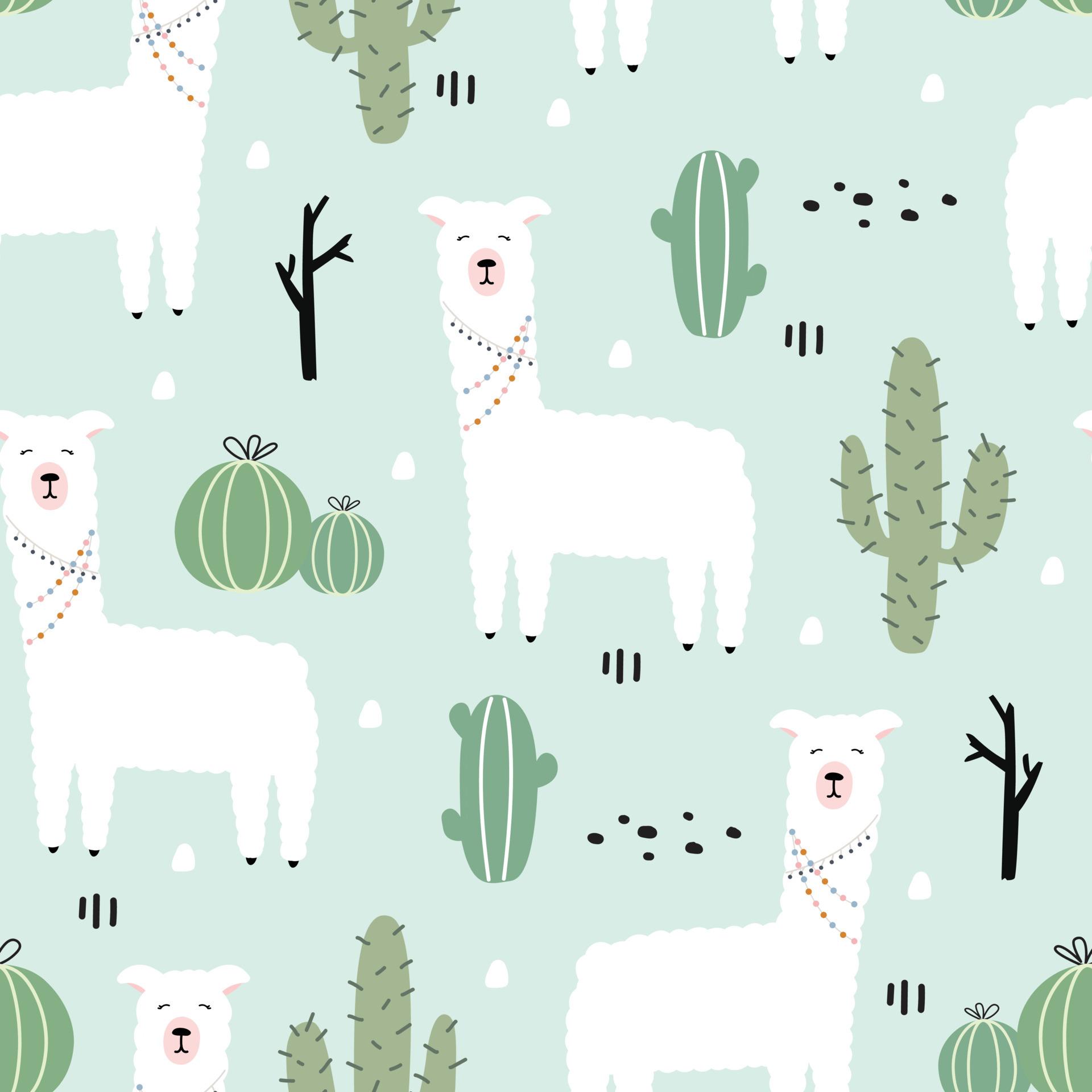 1920x1920 Cartoon animal background for kids Seamless pattern with llama and cactus. Hand drawn design in children's style, used for fabrics, textiles, wallpaper printing, decoration