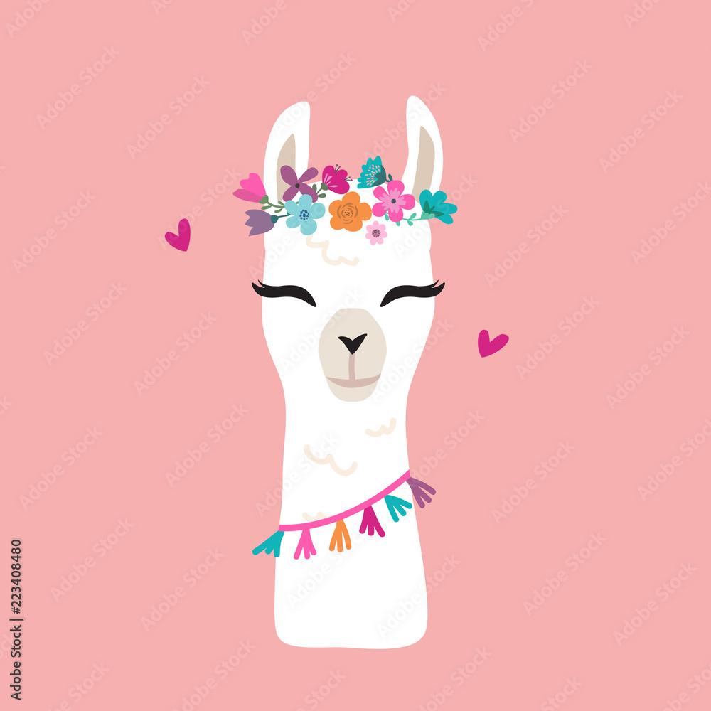 1000x1000 Cute cartoon llama alpaca vector graphic design. Hand drawn llama character head illustration with flower wreath for nursery design, poster, greeting, birthday card, baby shower design Stock Vector