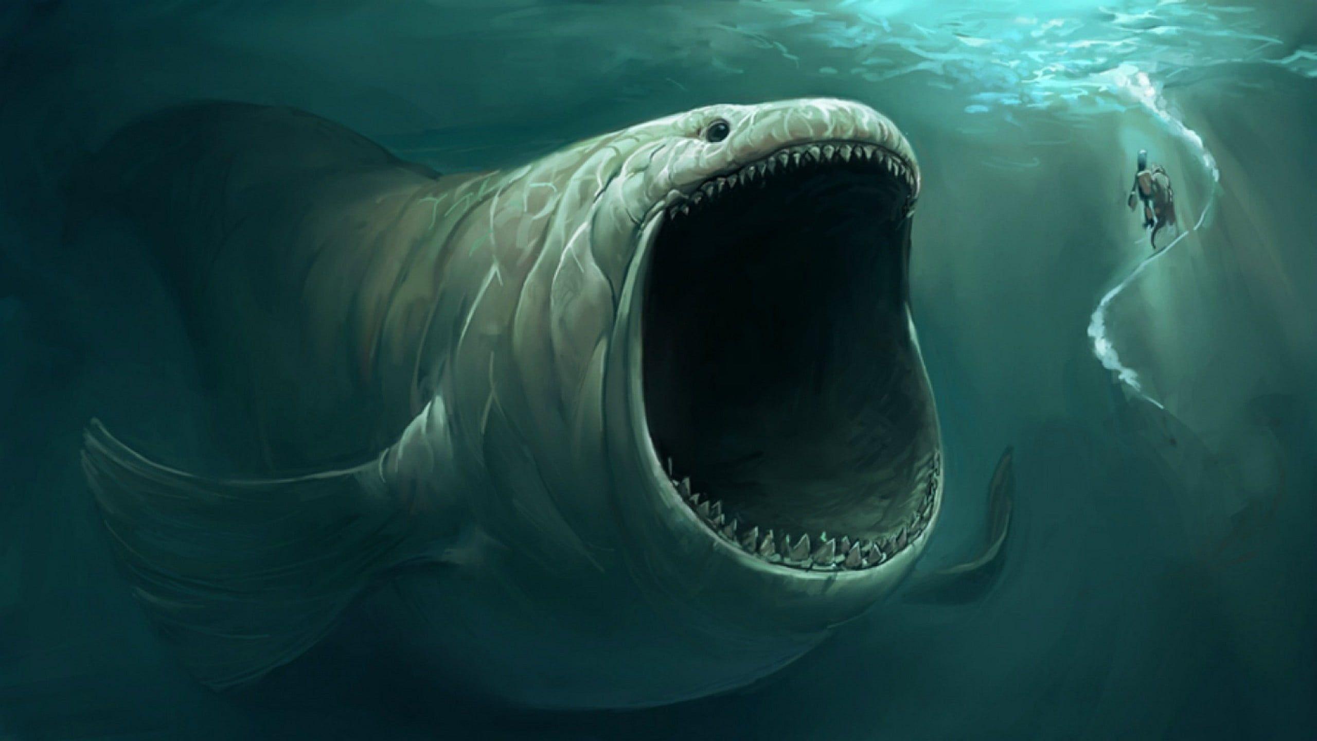 2560x1440 gray fish illustration fantasy art sea monsters #artwork #underwater K # wallpaper #hdwallpaper #desktop. Scary fish, Mythical creatures, Sea monsters
