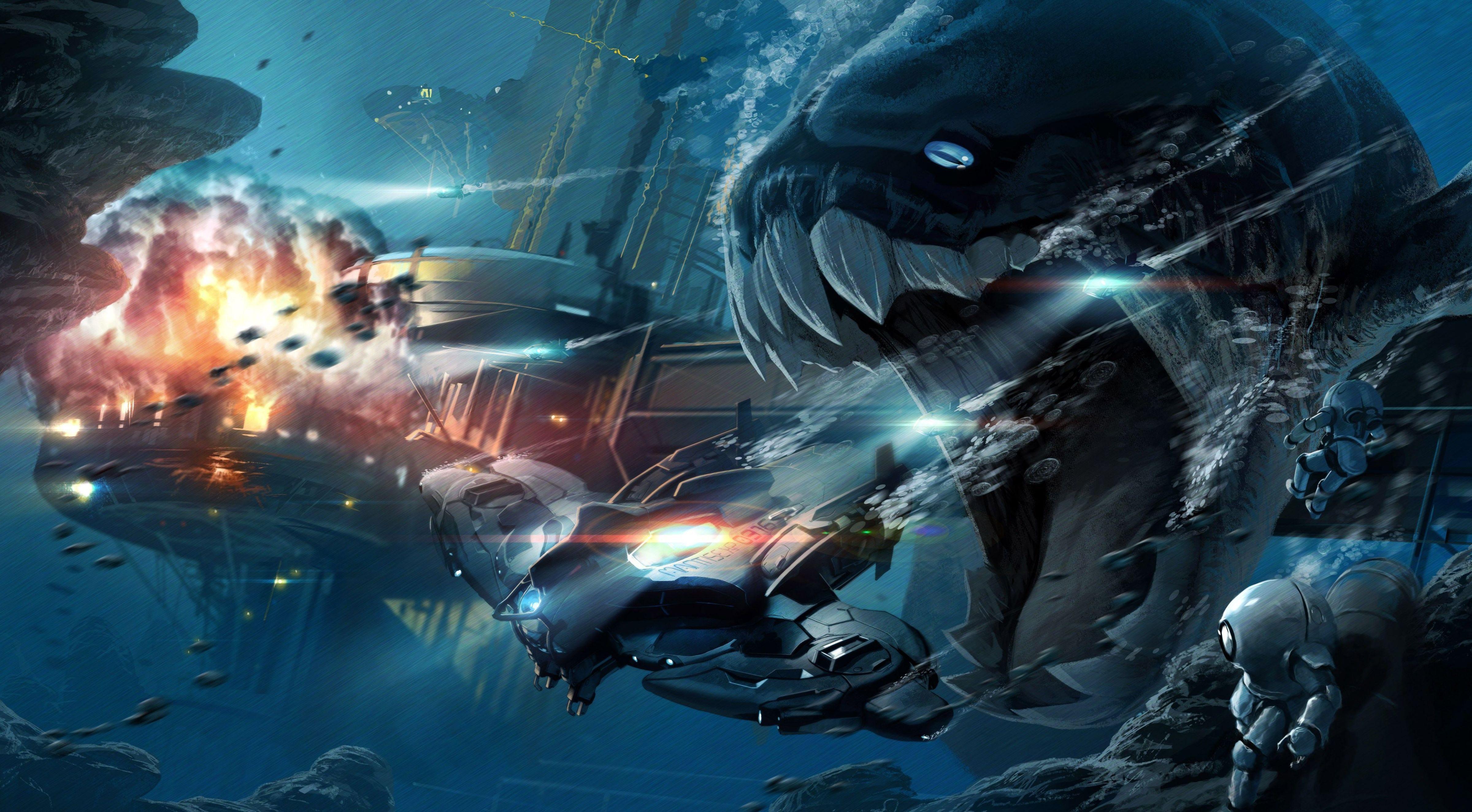 4800x2650 Wallpaper / digital, digital art, artwork, fantasy art, water, sea, underwater, deep sea, sea monsters, explosion, surreal, science fiction, attack, battle, laboratories, lights, open mouth, ocean battle, technology, Dunkleosteus free download