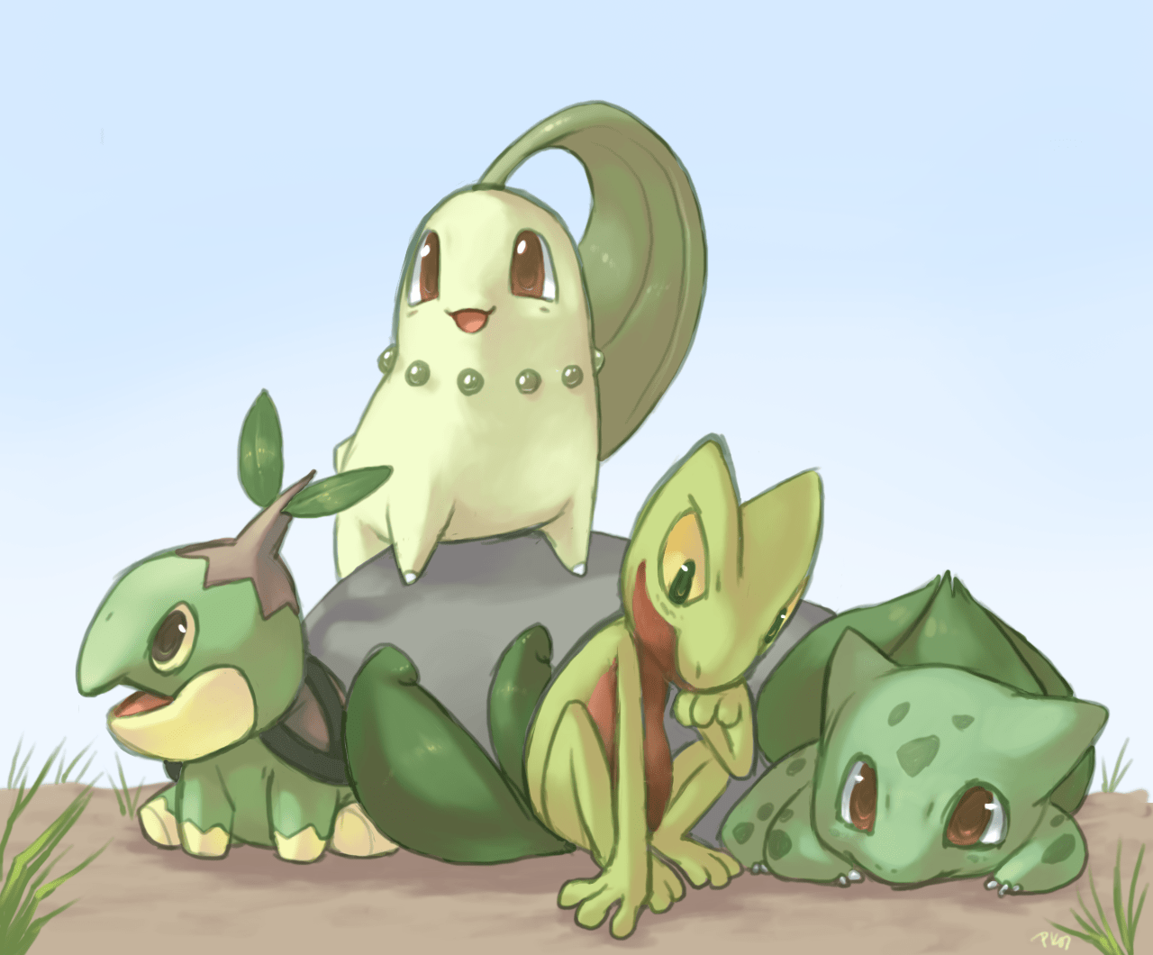 1280x1060 bulbasaur, chikorita, turtwig, and treecko (pokemon) drawn