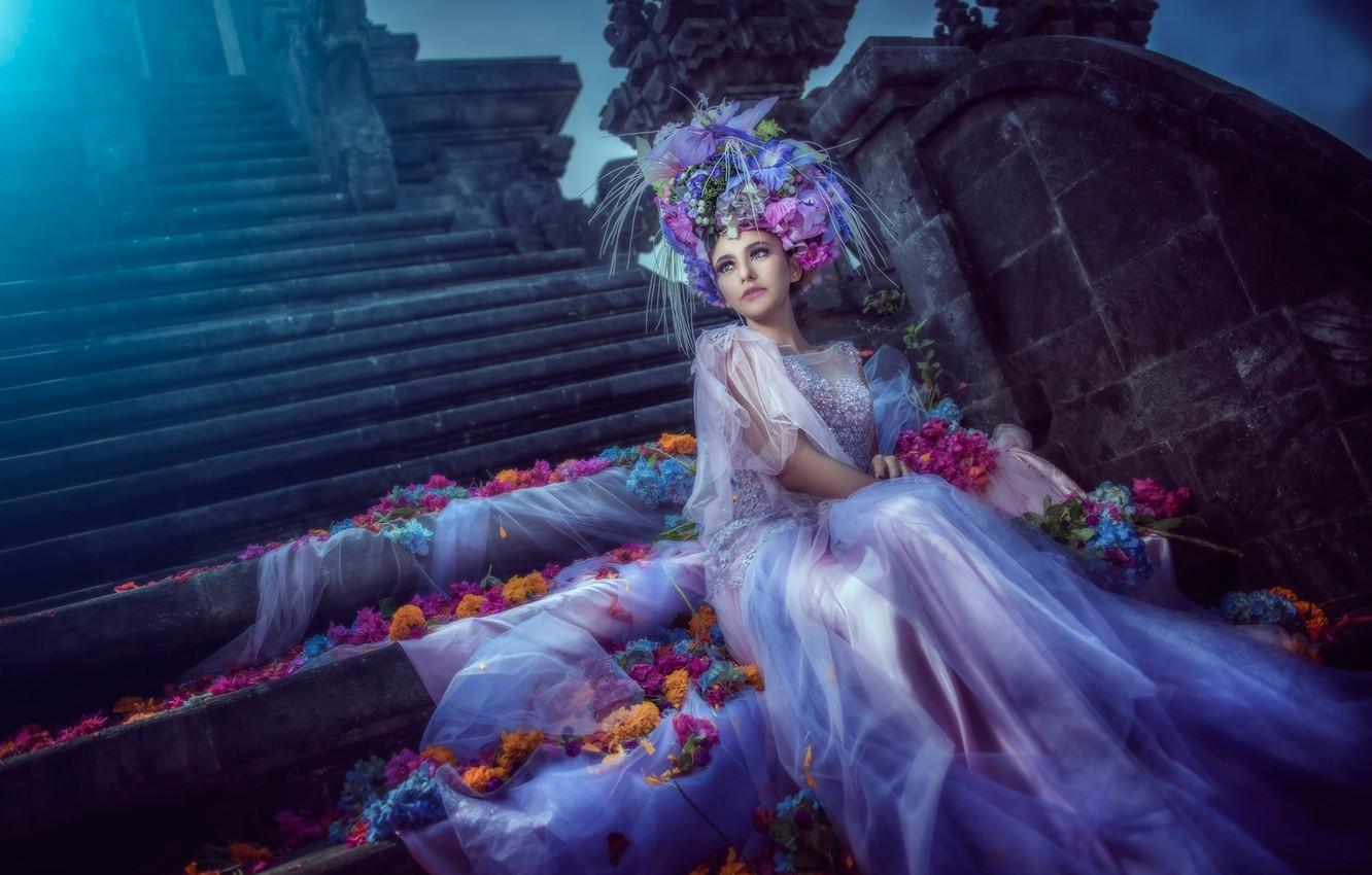 1332x850 Wallpaper flowers, petals, dress, art, moonlight, the bride, blue moon image for desktop, section стиль