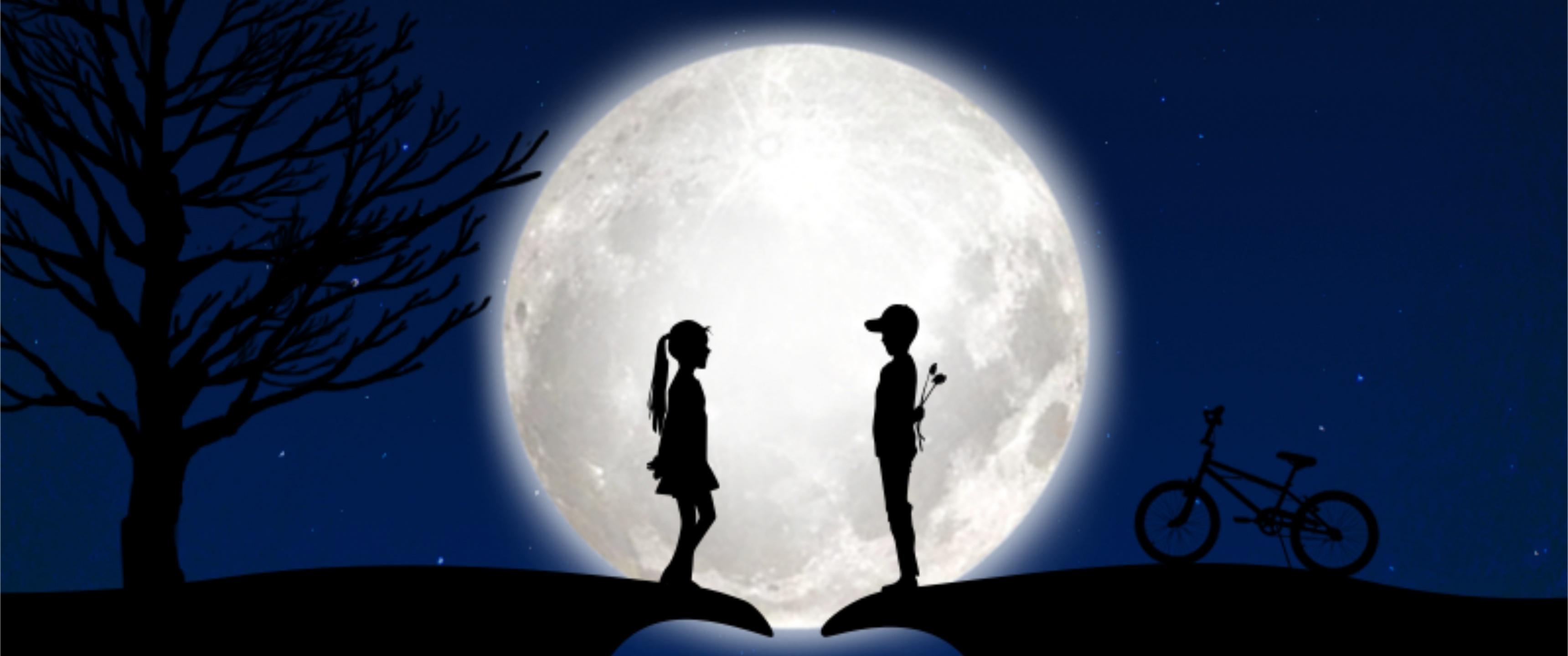 3440x1440 Full moon Wallpaper 4K, Couple, Heart, Blue background, Bicycle, Tree, Love