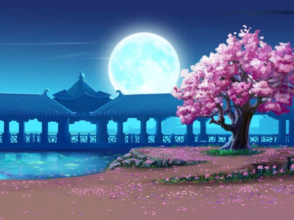1024x768 Spring Full Moon Wallpaper