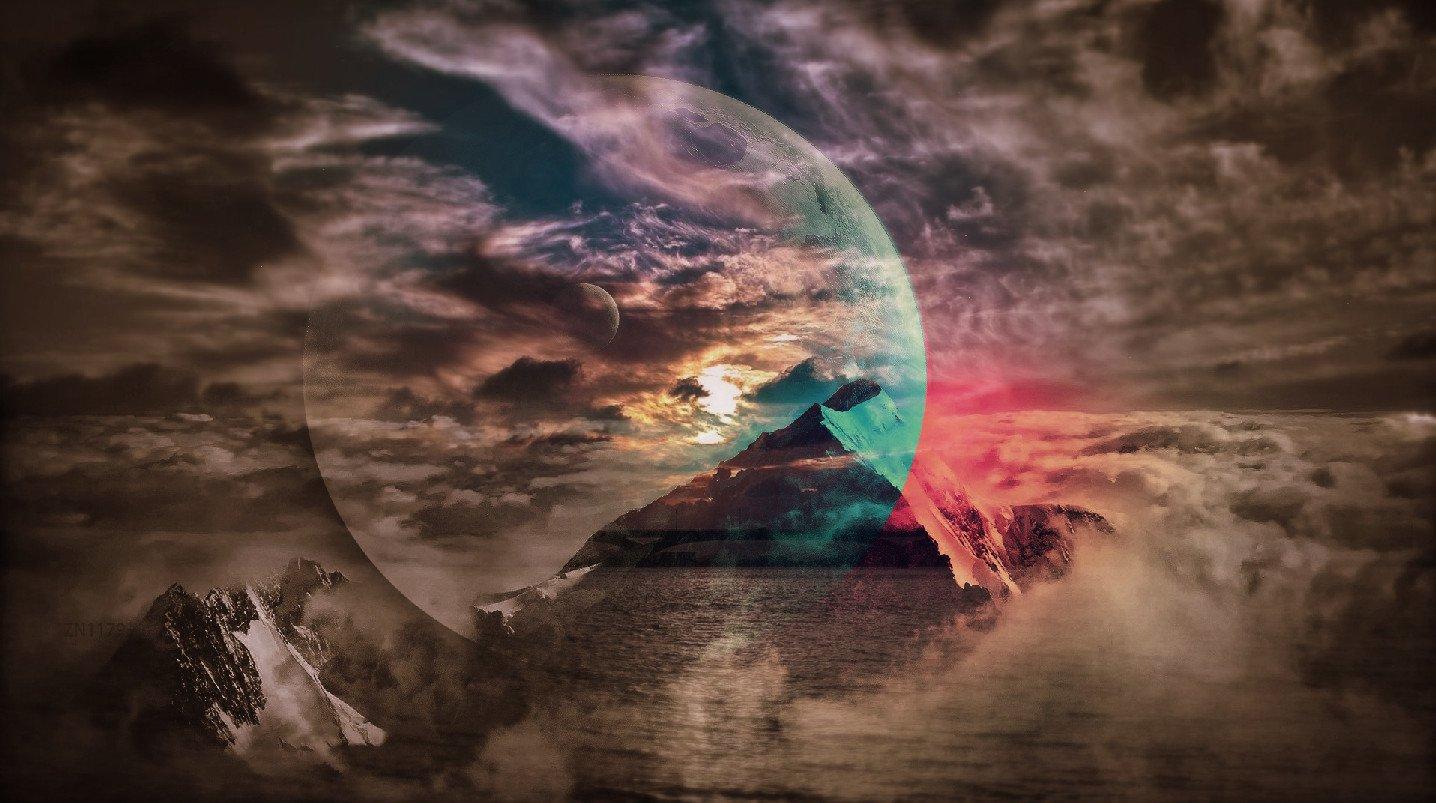 1436x803 artwork, Moon, Planet, Blue, Pink, Red, Sky Wallpaper HD / Desktop and Mobile Background