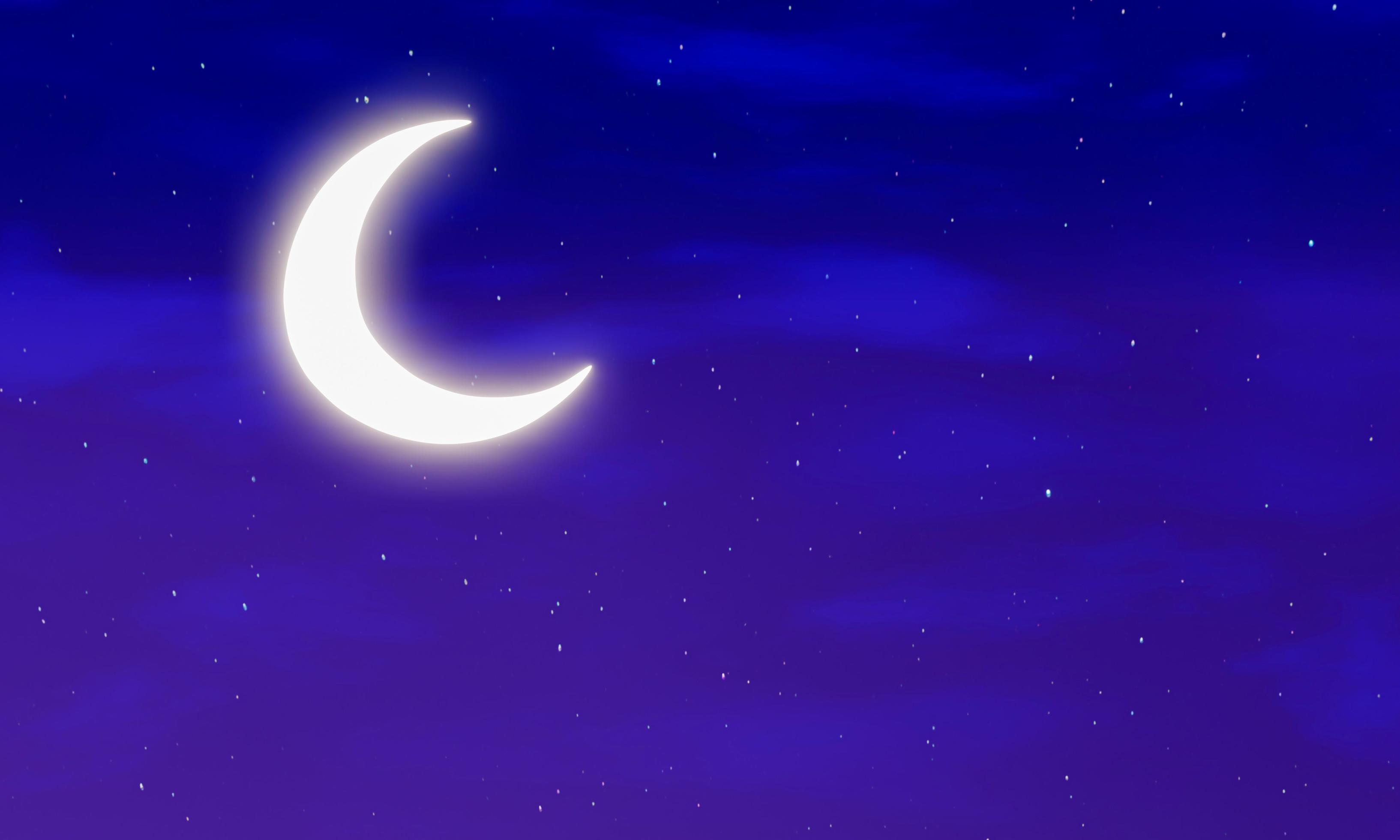 3267x1960 crescent moon The sky is bright pink and blue. The starry sky is covered with little clouds. The sky has the moon at night. Use for Background or Wallpaper. 3D Rendering. 6660507