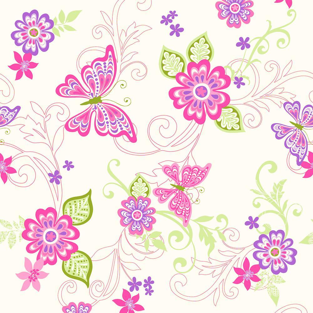 1000x1000 Chesapeake Paisley Pink Butterfly Flower Scroll Wallpaper Sample