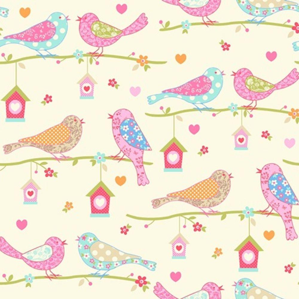 1000x1000 Debona Dutch Birds Floral Hearts Cream & Pink Textured Wallpaper