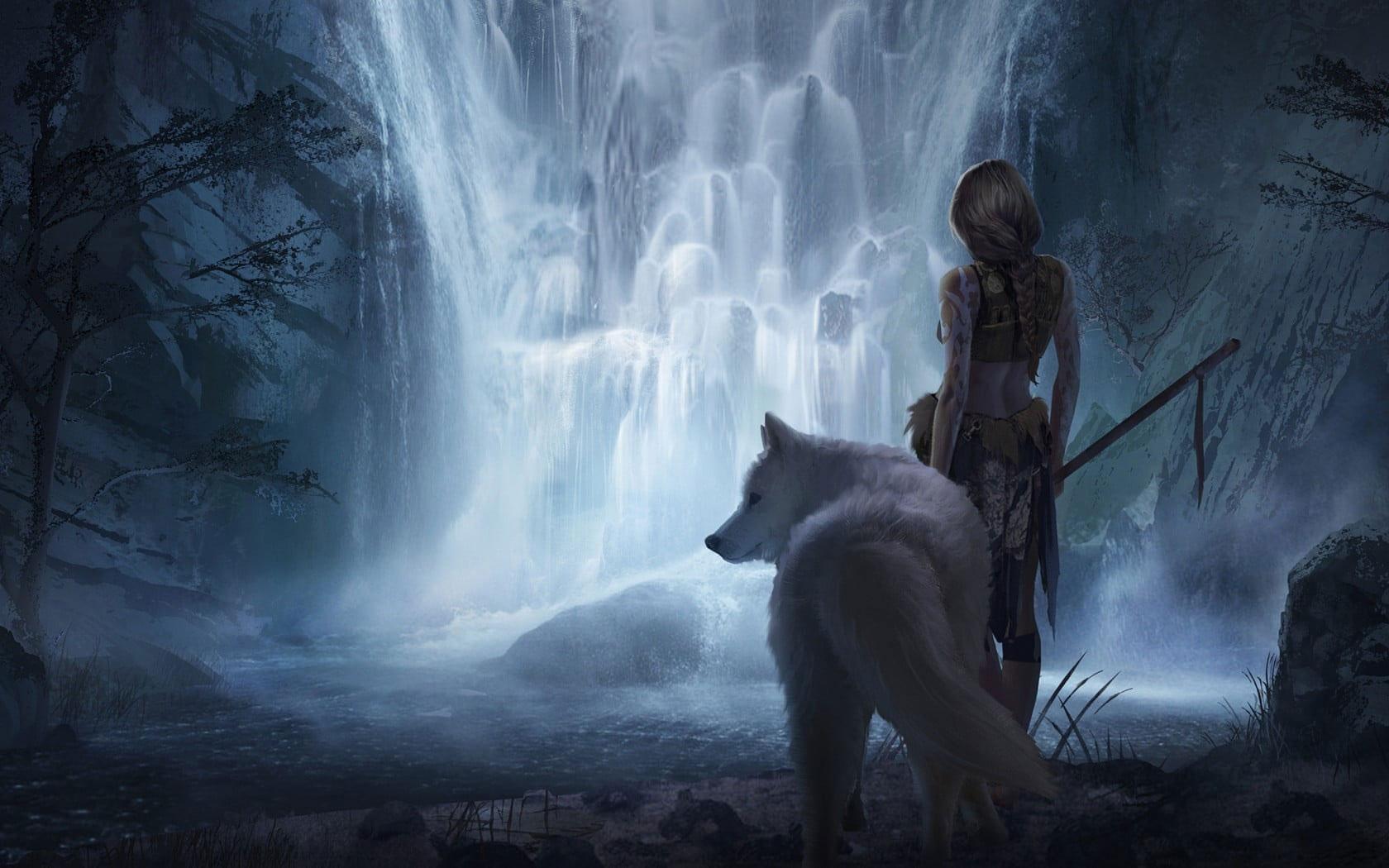 1680x1050 Fantasy Art Wallpaper, Women, Wolf, Mammal, Waterfall, One Person, Full Length • Wallpaper For You