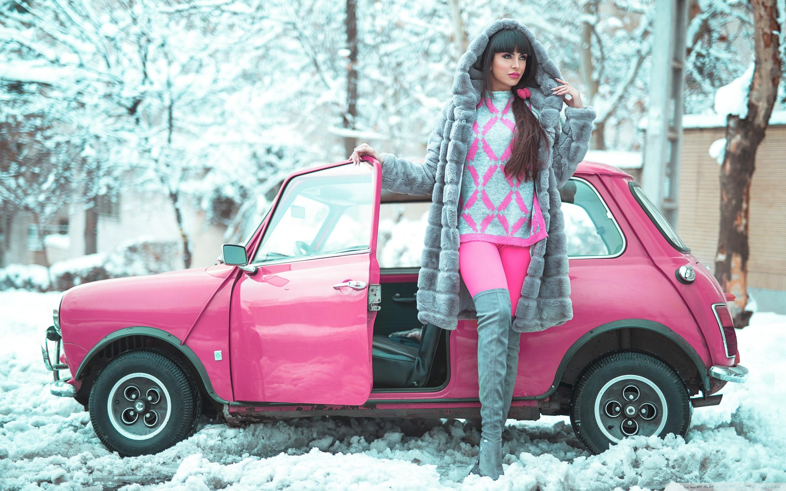 2560x1600 Beautiful Girl, Winter, Pink Retro Small Car Ultra HD Desktop Background Wallpaper for 4K UHD TV : Widescreen & UltraWide Desktop & Laptop : Tablet