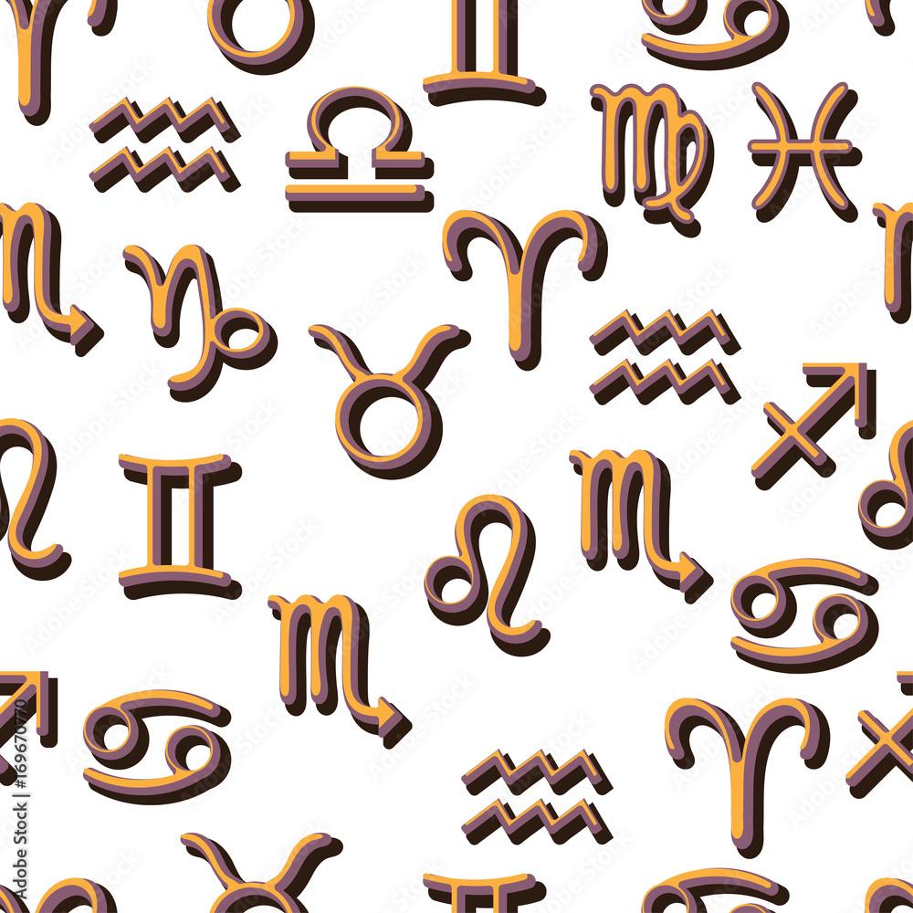 1000x1000 Cartoon zodiac sign seamless pattern, colored astrological symbols on a white background. For wallpaper design, fabric, wrappers, decorating. Vector Stock Vector