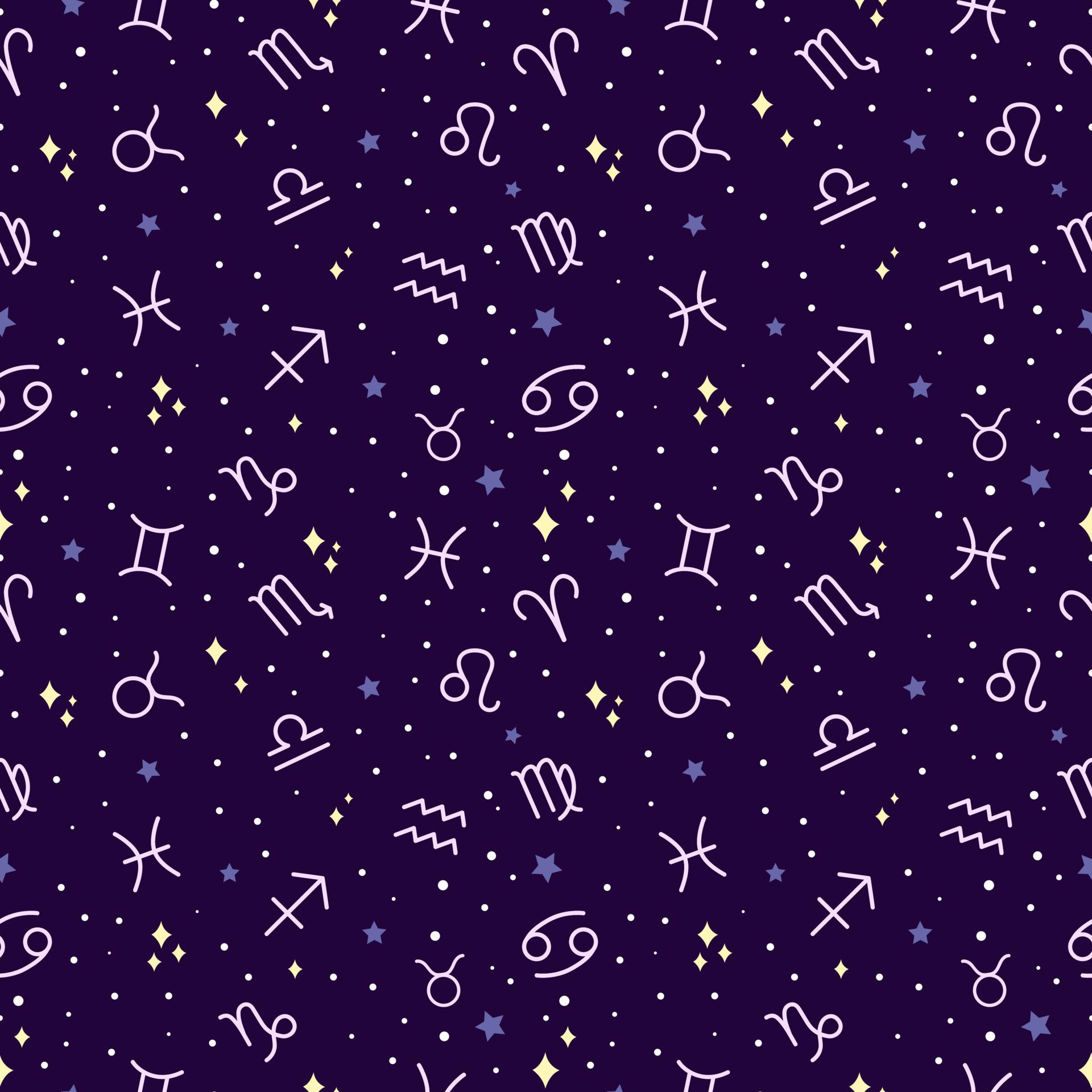 1920x1920 Zodiac symbols pattern. Vector seamless dark background for textile, wallpaper. Zodiac signs and stars