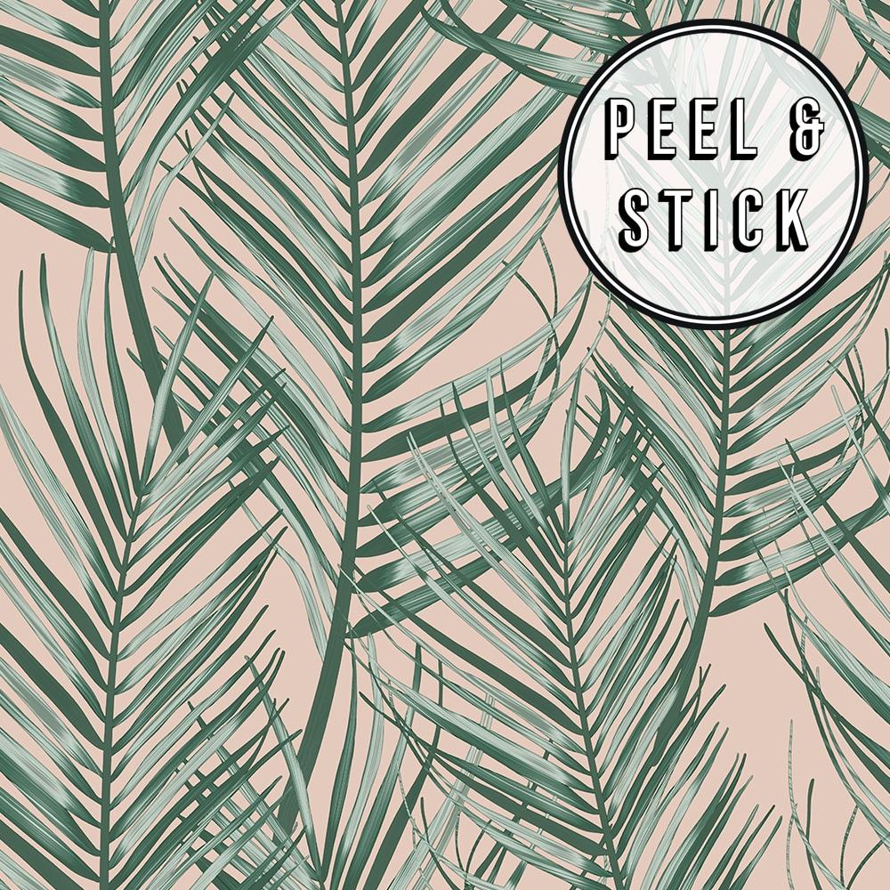 1000x1000 transform Transform Pink and Green Palm Peel and Stick Wallpaper in the Wallpaper department at