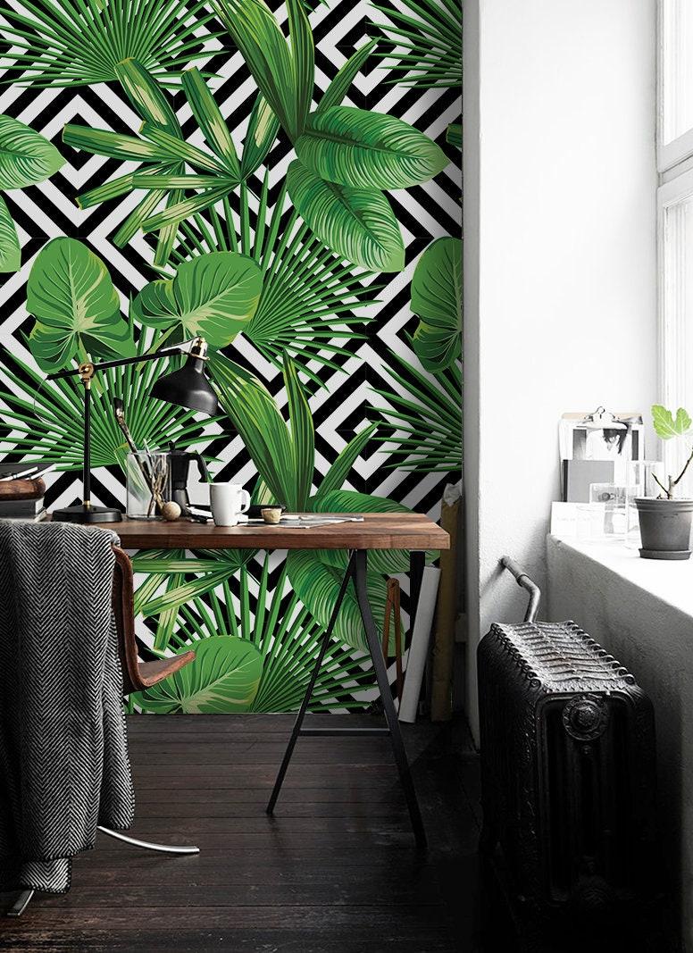 776x1067 Tropical Palm Leaves Geometric Removable Wallpaper Green Black