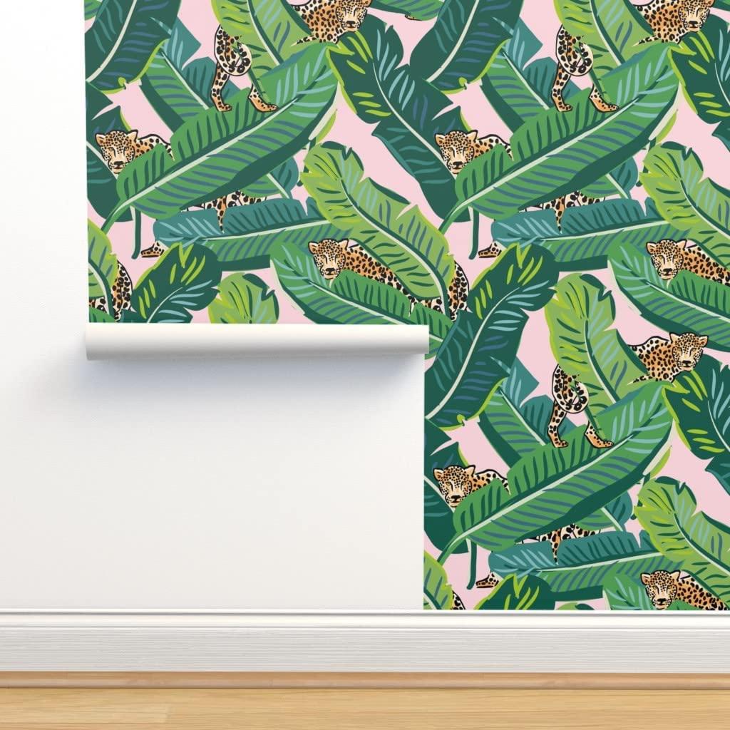 1024x1024 Peel & Stick Wallpaper Swatch Tropical Leaves Pink Jungle Print Glam Vintage Inspired Banana Leaf Palm Custom Removable Wallpaper