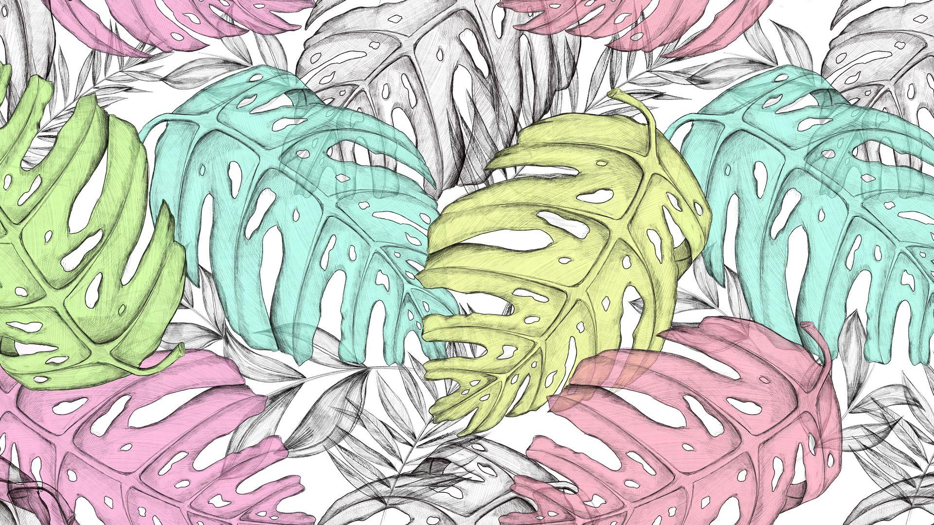 1920x1080 Download wallpaper 1920x1080 monstera, leaves, art full hd, hdtv, fhd, 1080p HD background