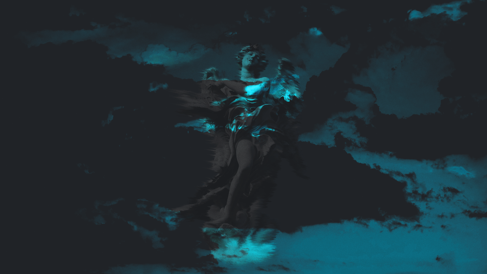 1920x1080 Statue Glitch Art Digital Art Dark Cyan Clouds Dark Gray Turquoise Wallpaper:1920x1080