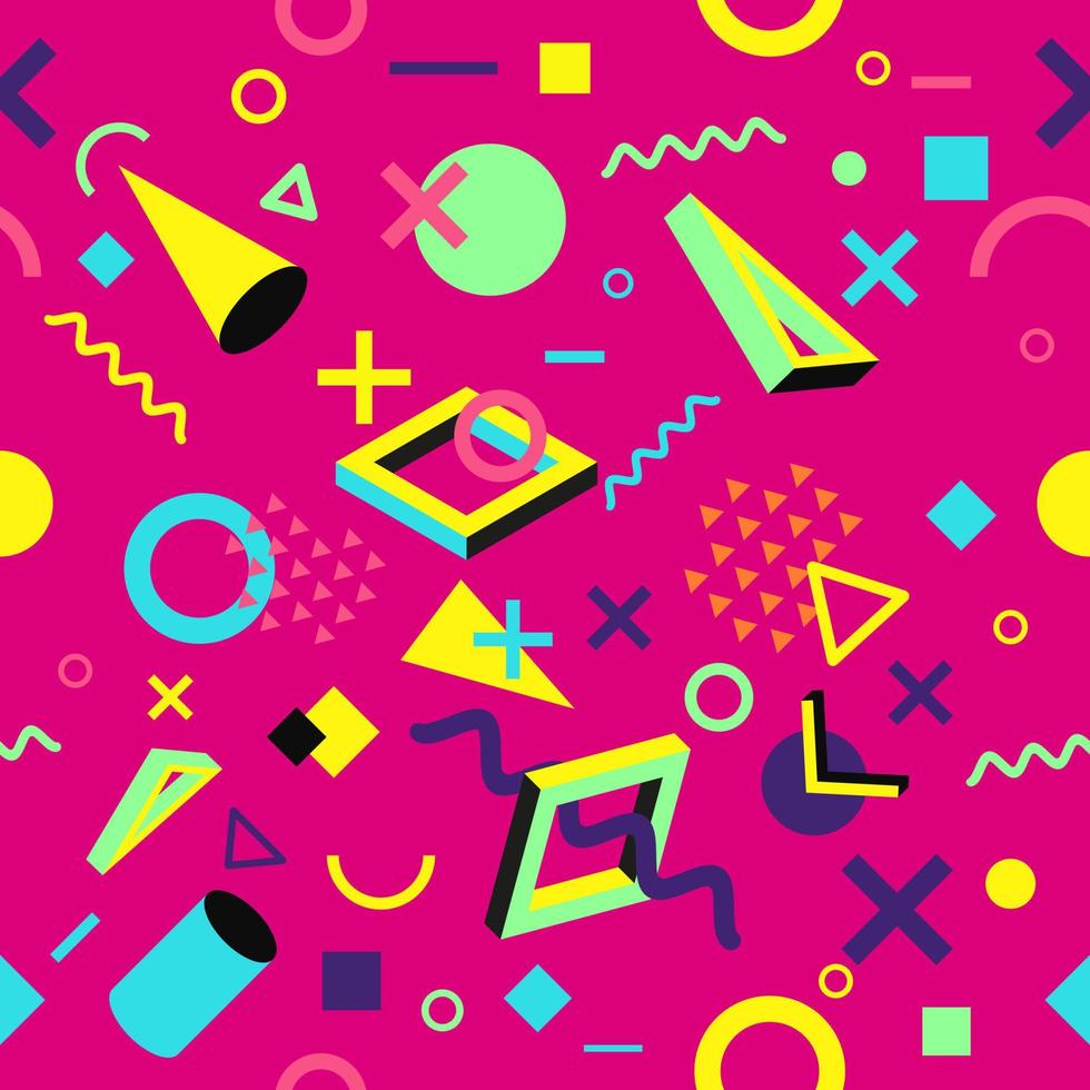 980x980 Vector Seamless Pattern With Multicolor Geometric Shapes On Dark Background. Retro Vintage Abstract Art Print. Fashion 80s 90s. Memphis Style Design. Wallpaper, Cloth Design, Fabric, Paper, Textile