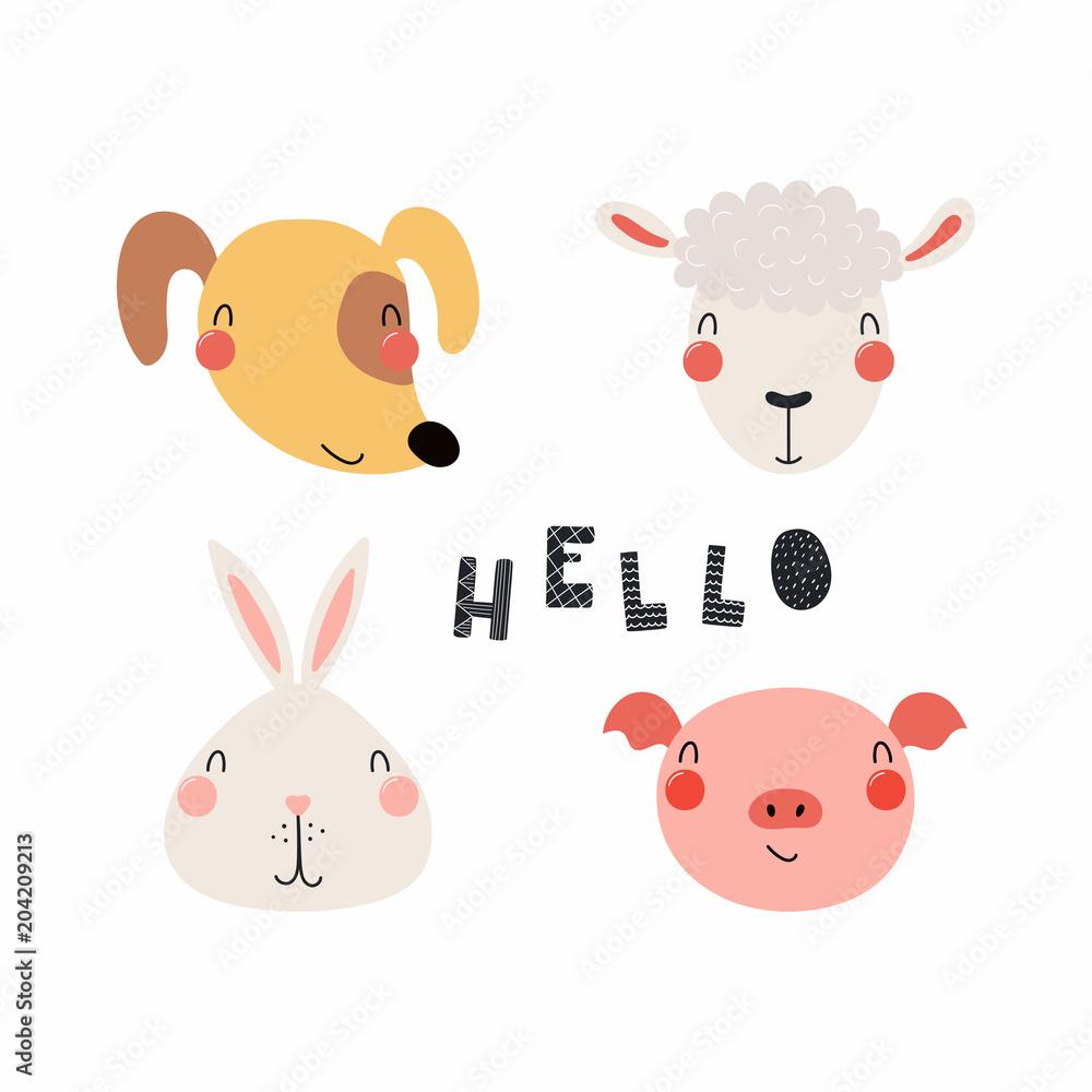 1000x1000 Hand drawn vector illustration of a cute funny farm animal faces, with lettering quote Hello. Isolated objects. Scandinavian style flat design. Concept for children print. Stock Vector
