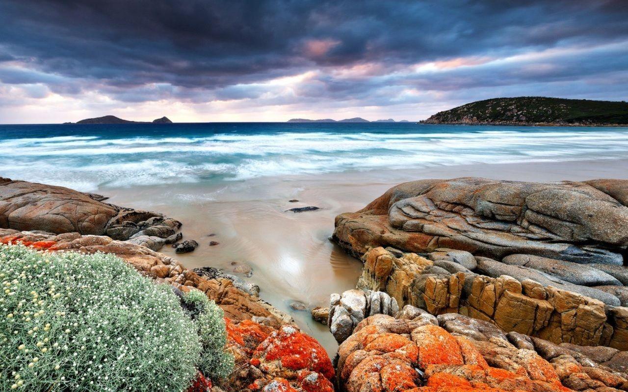 1280x800 Sea Coast Beach Rocky Mountains Sky with Red Clouds Stokksnes