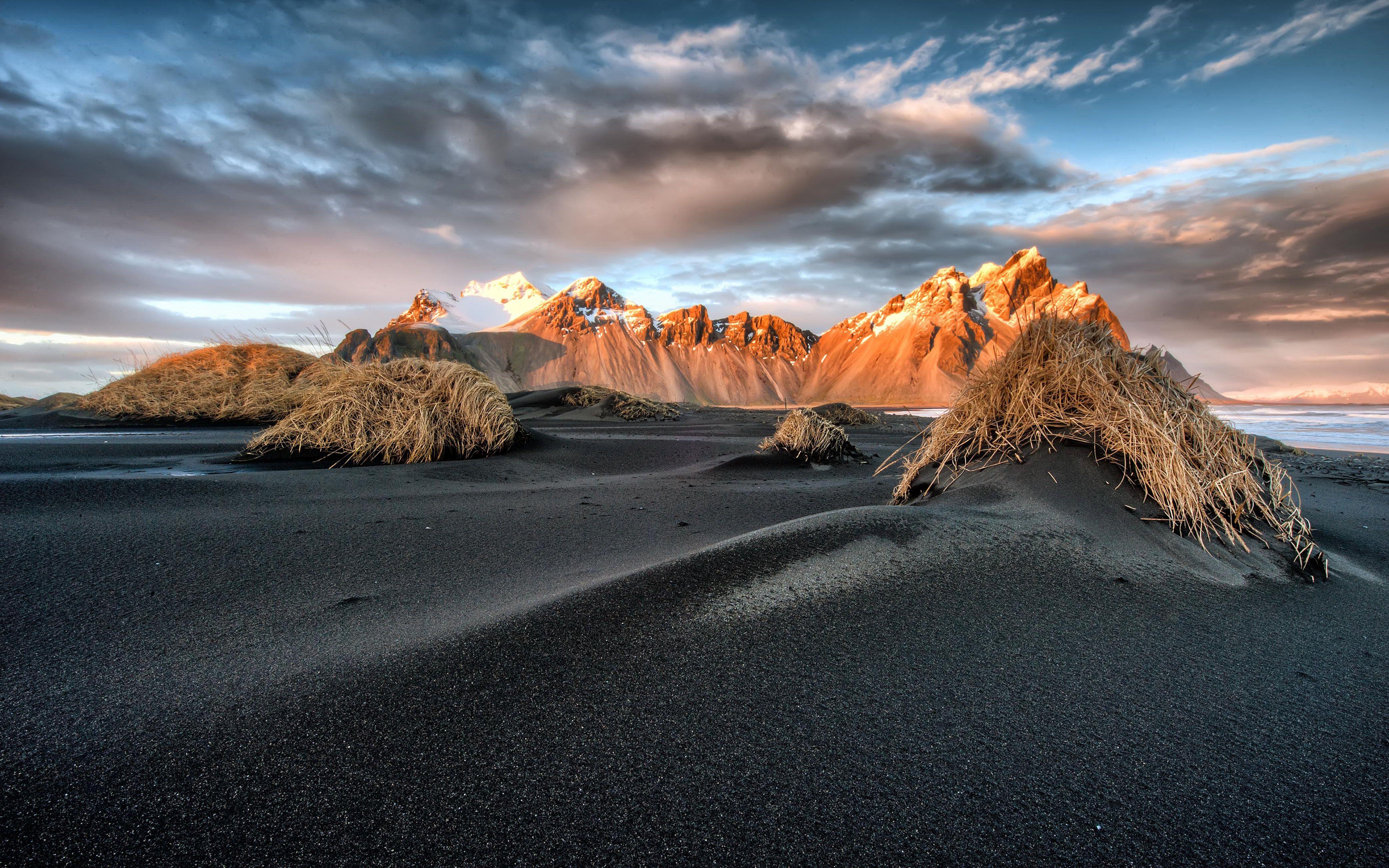 4172x2608 Landscape In Winter Mountain Vesturhorn Iceland Black Sand Dry Grass