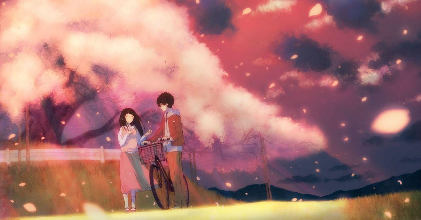 1340x700 Bicycle black hair cherry blossoms chitanda eru hyouka long hair meron (yakisoba) oreki houtarou petals pink short hair wallpaperx920