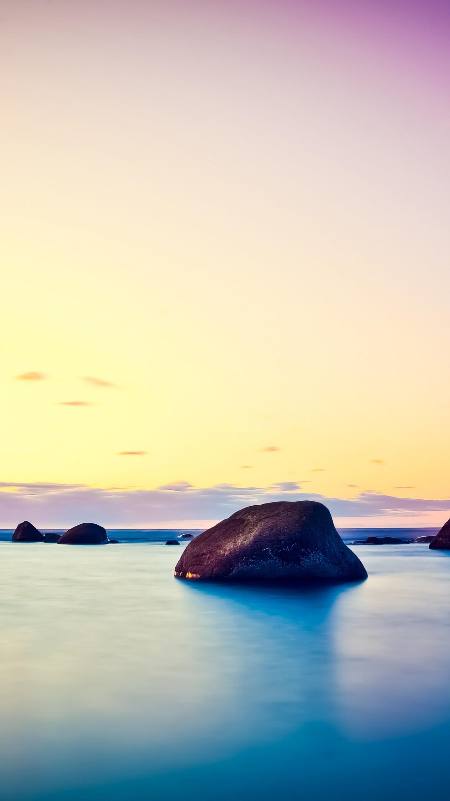 1440x2560 Wallpaper Lake, 5k, 4k wallpaper, sea, Ocean, sunset, sunrise, stone, clouds, sky, blue, pink. nature, Nature