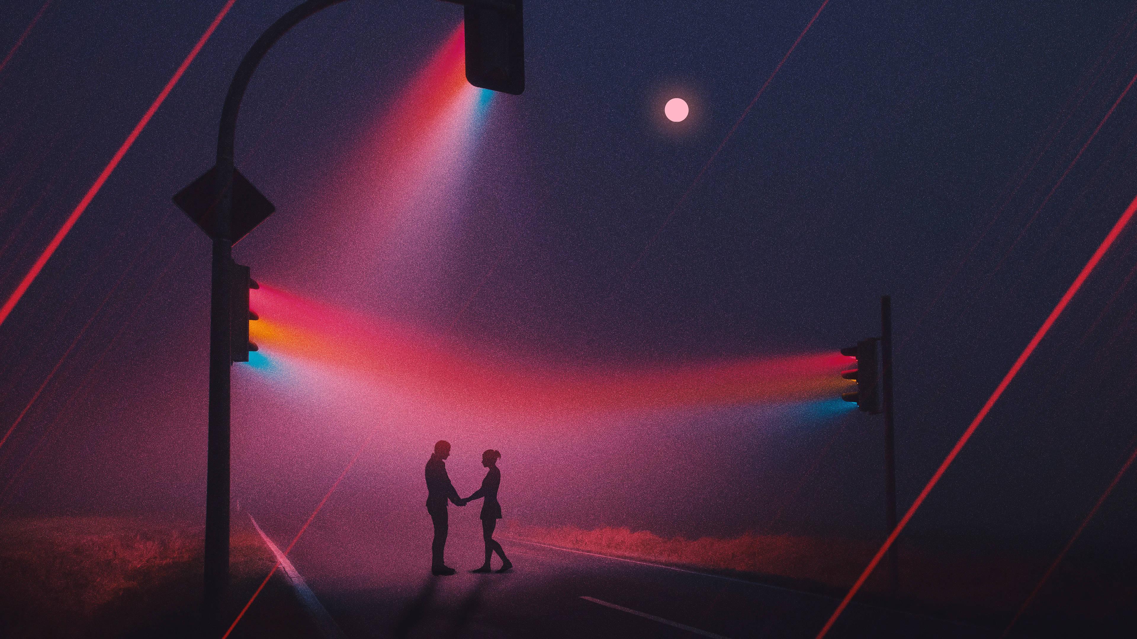 3840x2160 Download Neon Traffic Lights Love Art Wallpaper