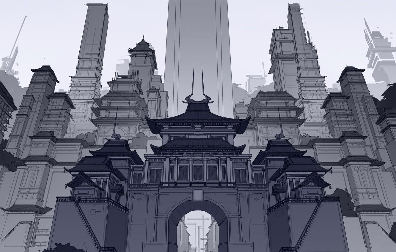 1332x850 Wallpaper China, Fantasy, Art, Skyscrapers, Architecture, Line Art, by George Brad, George Brad, Ancient Chinese Skyscrapers image for desktop, section арт