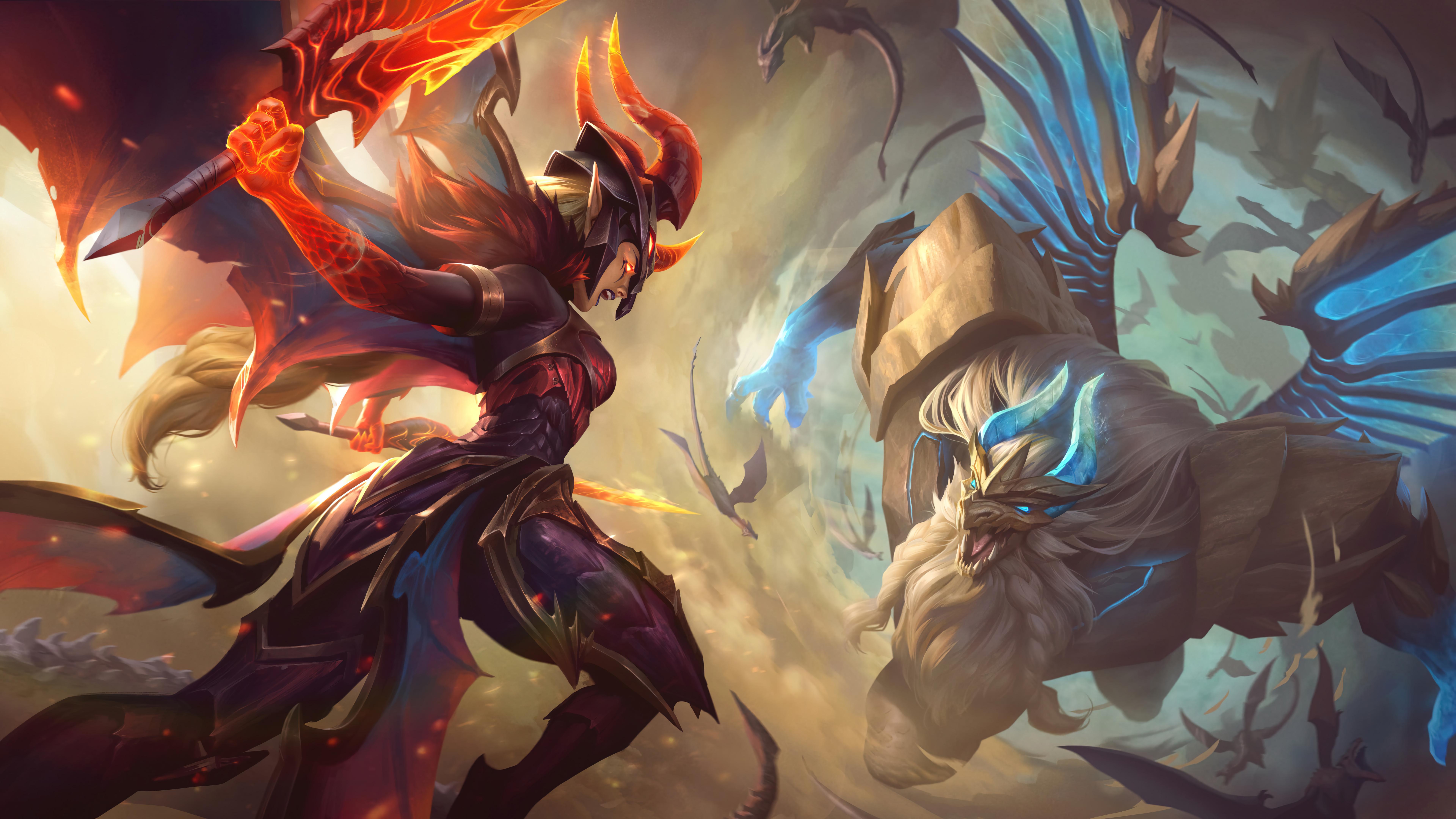 7680x4320 Kayle Kayle League Of Legends Galio Galio League Of Legends Dragon League Of Legends Riot Games Fire Wallpaper:7680x4320