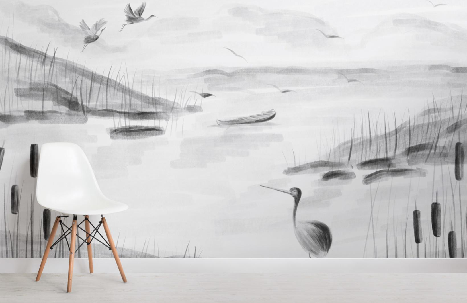 1640x1064 Black & White Traditional Chinese Ink Lake Wallpaper Mural