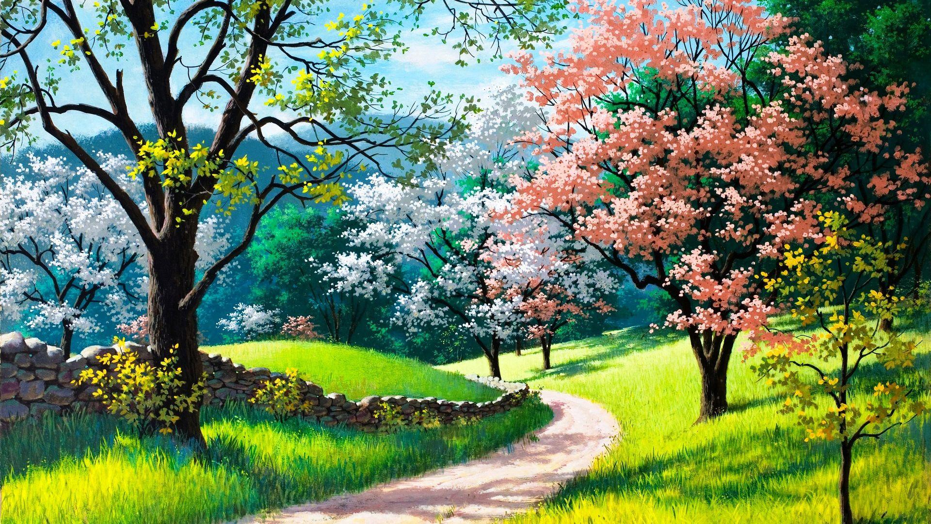1920x1080 Desktop Wallpaper Spring Nature Painting Trees Grass Road, HD Image, Picture, Background, 4ispou
