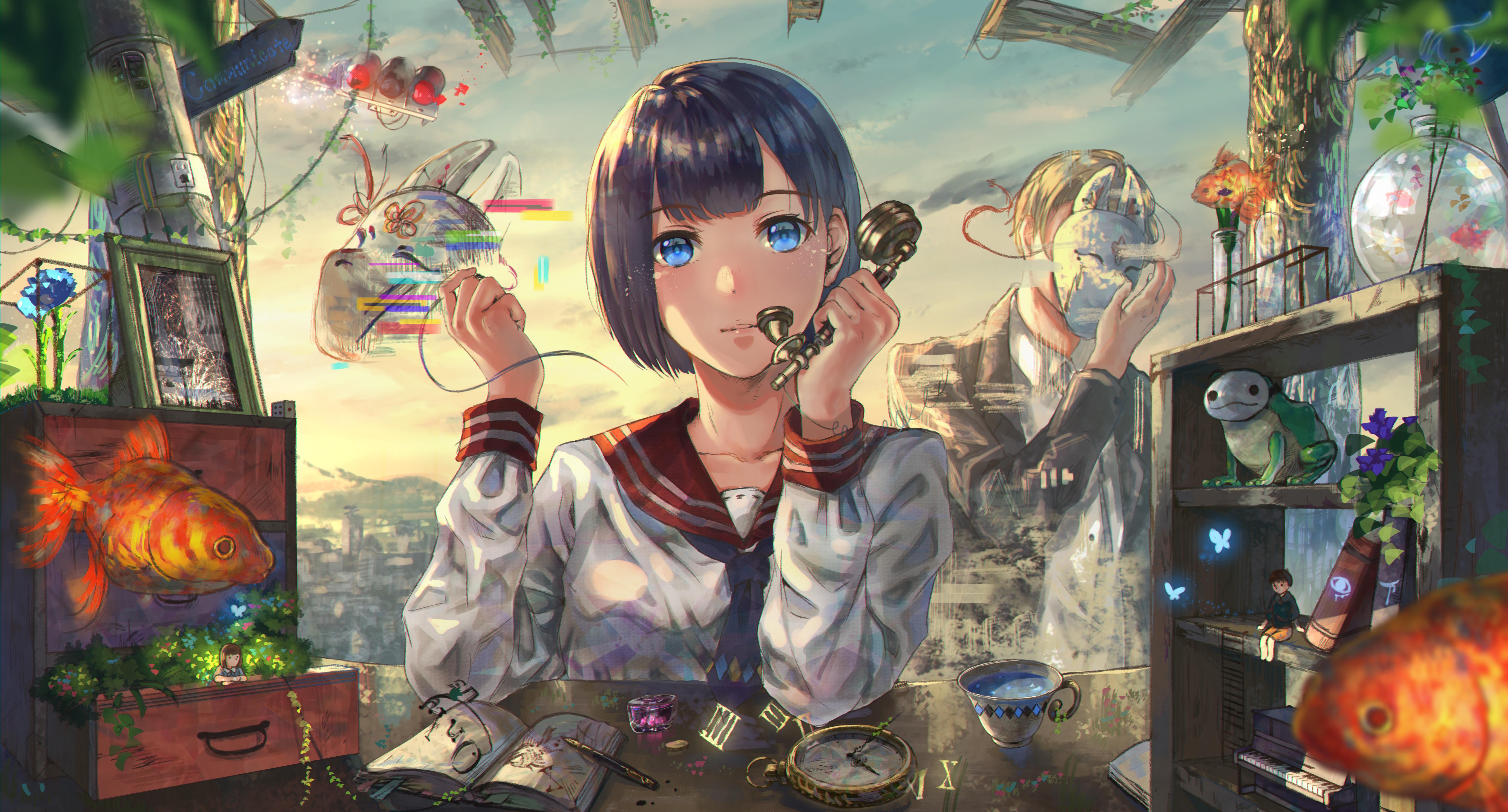 7016x3780 Anime Anime Girls Blue Eyes Blue Hair Short Hair Sailor Uniform Sailor Suit Tea Party Fish Fox Mask Wallpaper:7016x3780