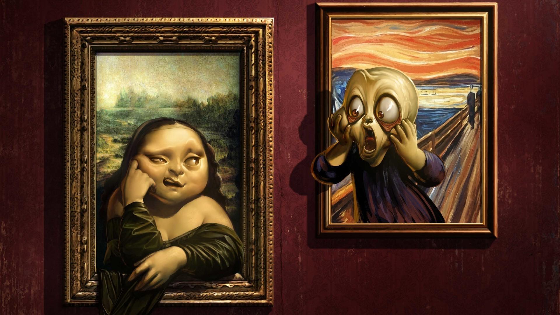 1920x1080 Free Download painting artwork humor leonardo da vinci screaming mona lisa edvard munch picture frames walls wallpaper full HD (1080p)