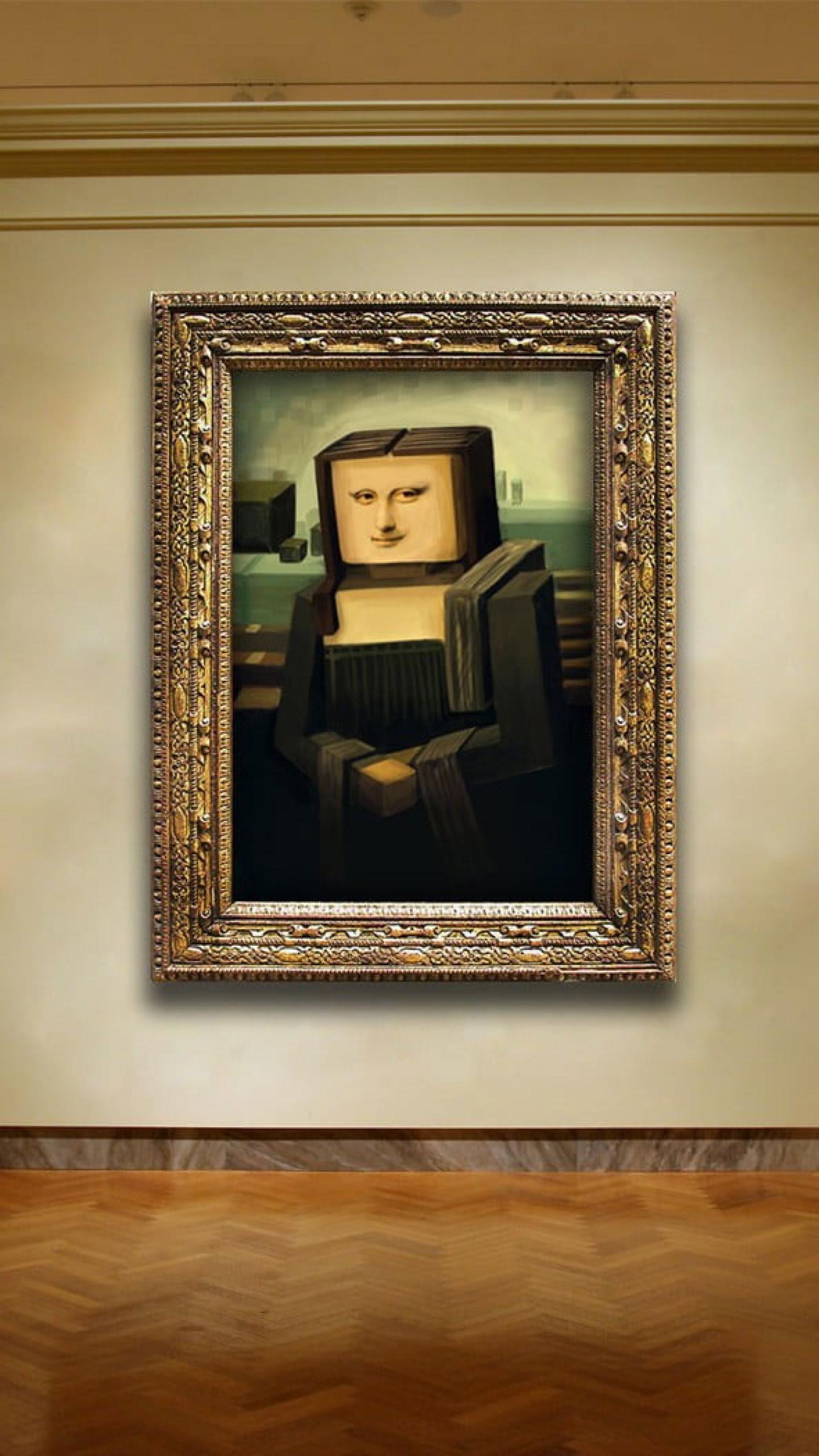 1440x2560 Wallpaper Box Head Mona Lisa Painting With Brown Wooden • Wallpaper For You
