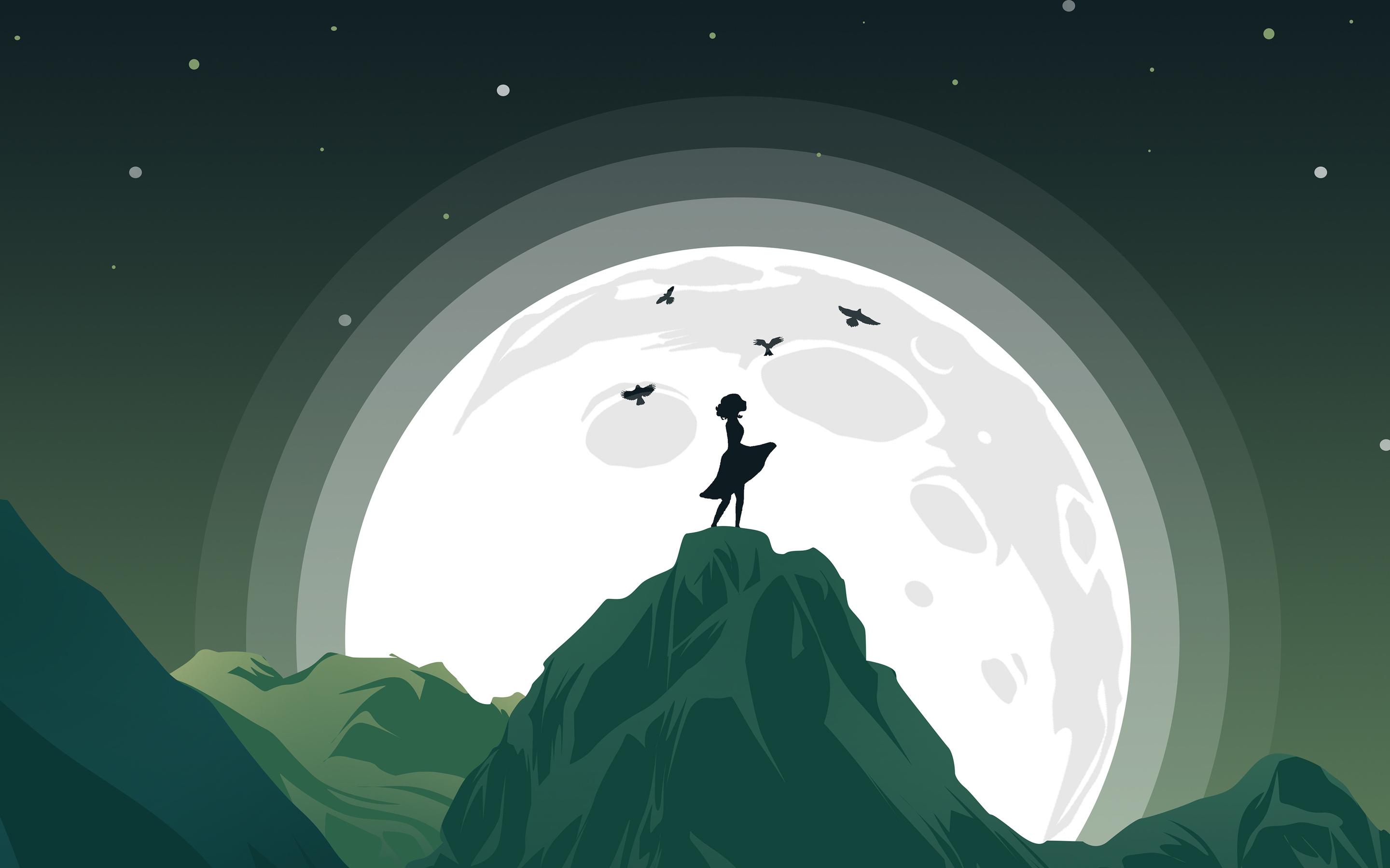 2880x1800 Girl Mountain Top Birds Flying Around Her Minimalist Macbook Pro Retina HD 4k Wallpaper, Image, Background, Photo and Picture