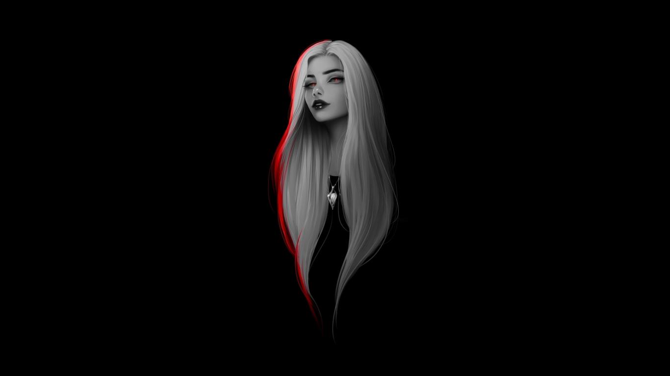 1366x768 White Hair Woman Long Hair Minimal Art Wallpaper