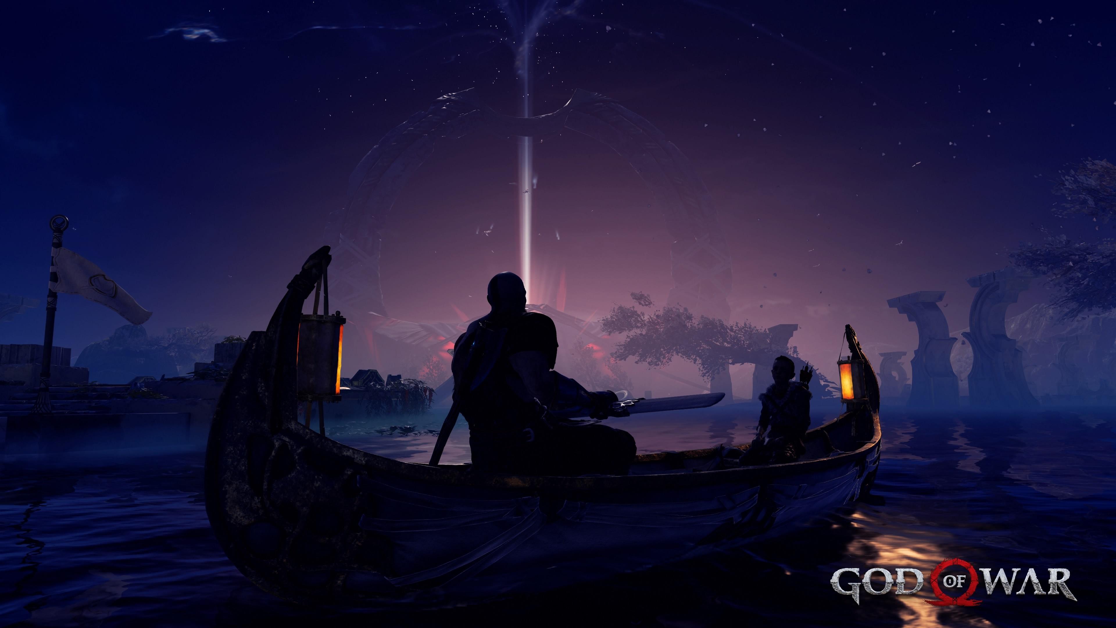 3840x2160 Wallpaper / God of War, game art, PlayStation video games, video game characters, Kratos, nature, boat, dark free download