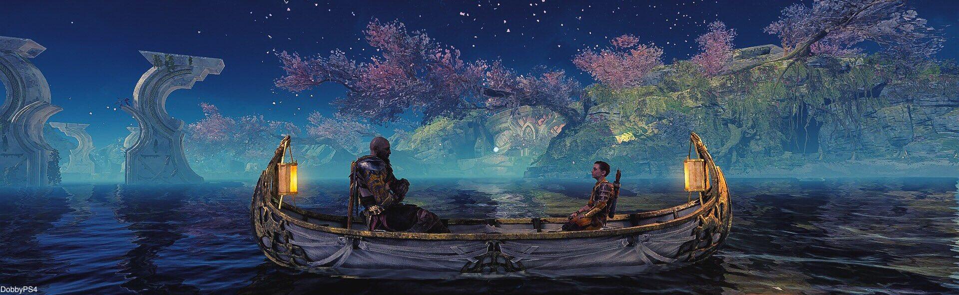 1920x591 DP Mode: Beautiful panoramic screenshots of Kratos and Atreus in the boat in Alfheim (Tap To Enlarge) #PS4share #PSBlog #GodofWar #Sony #Art
