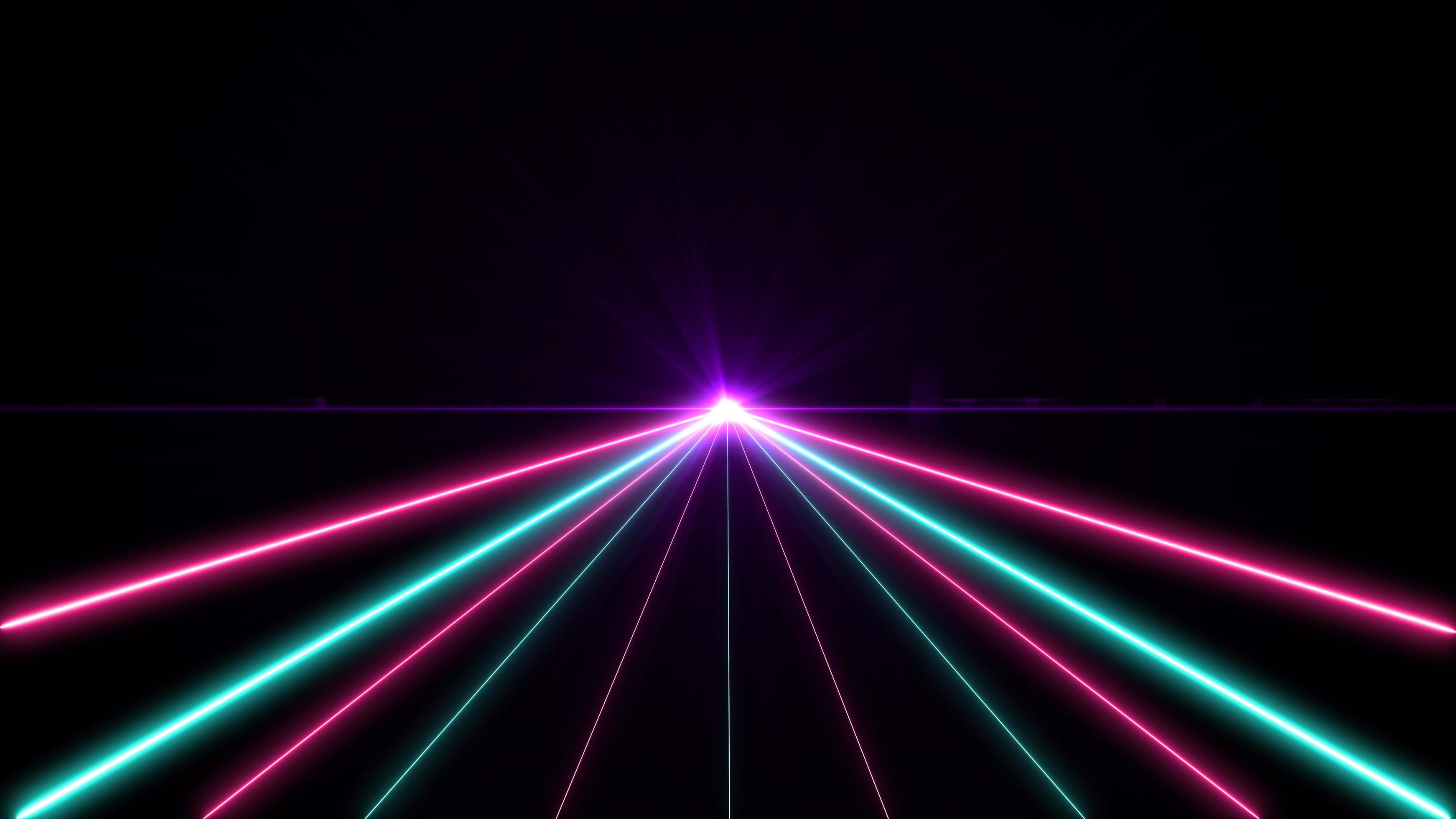 3484x1960 Retro cyberpunk style 80s. Abstract neon color light party bright lens flare on black background. Laser show colorful design for banners advertising technologies
