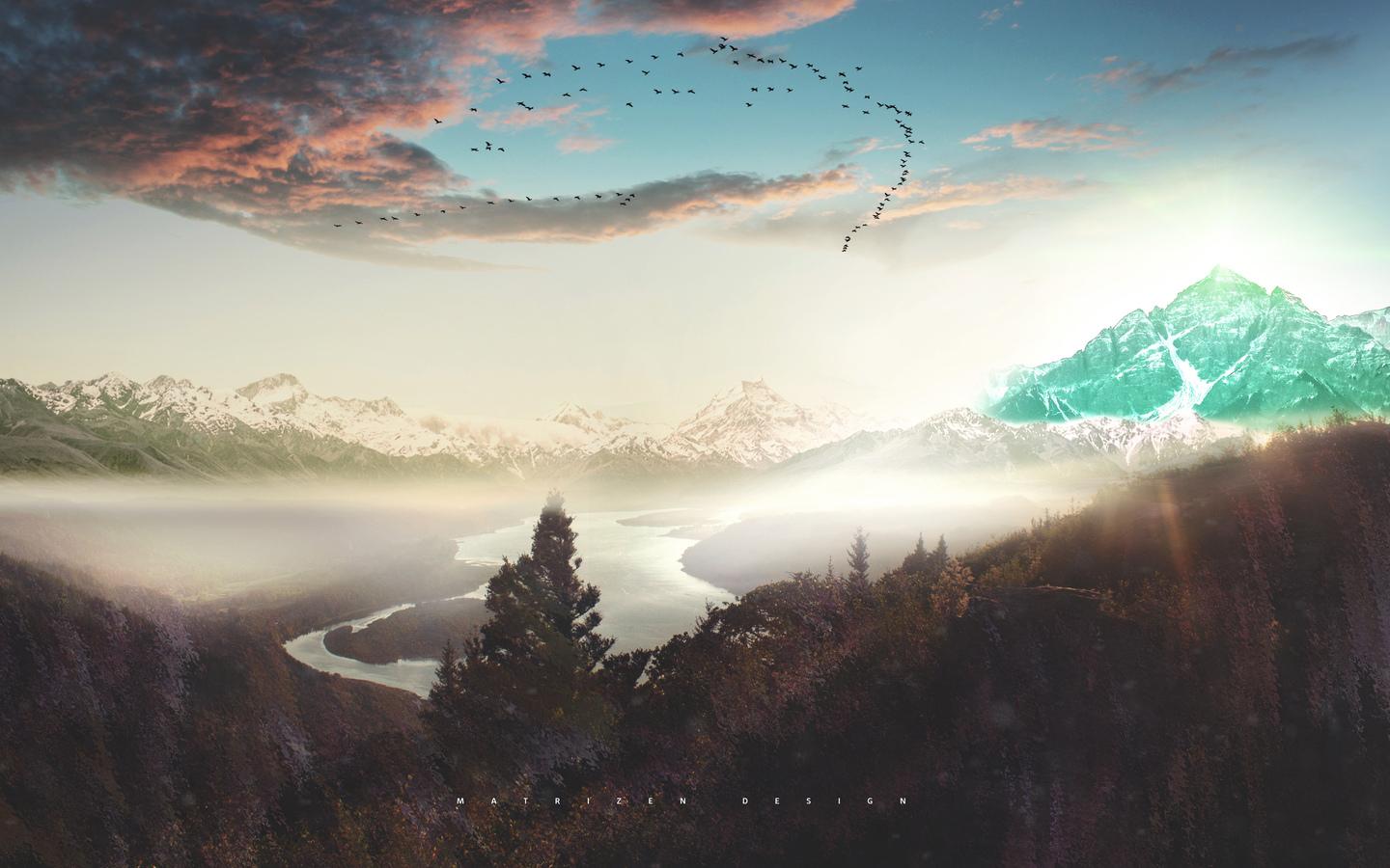 1440x900 Photo Manipulation Mountains Clouds River Snow Sunset Concept Digital Art 4k 1440x900 Resolution HD 4k Wallpaper, Image, Background, Photo and Picture