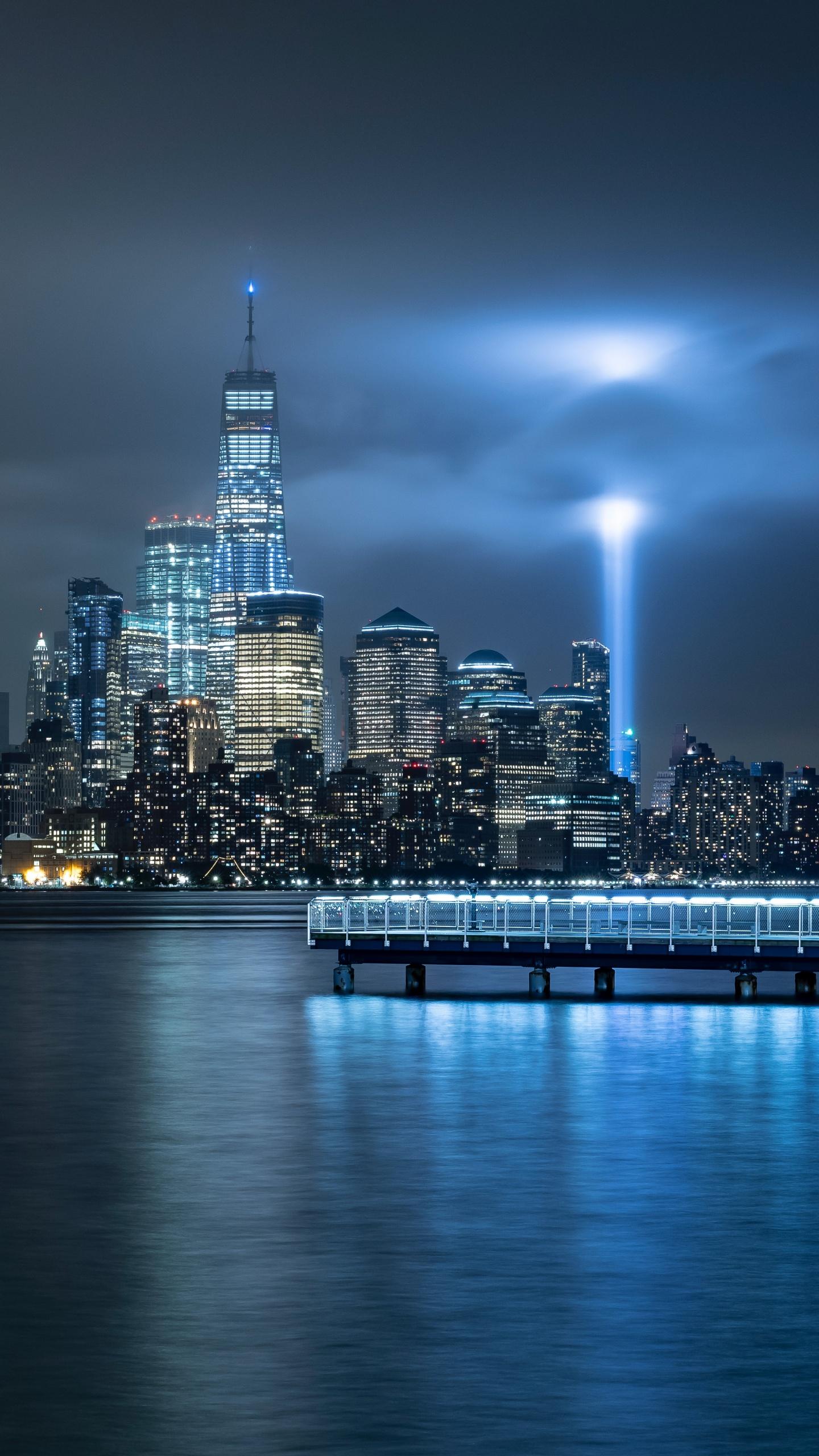 1440x2560 New York City Wallpaper 4K, City Skyline, Landscape, Night time, City lights, World