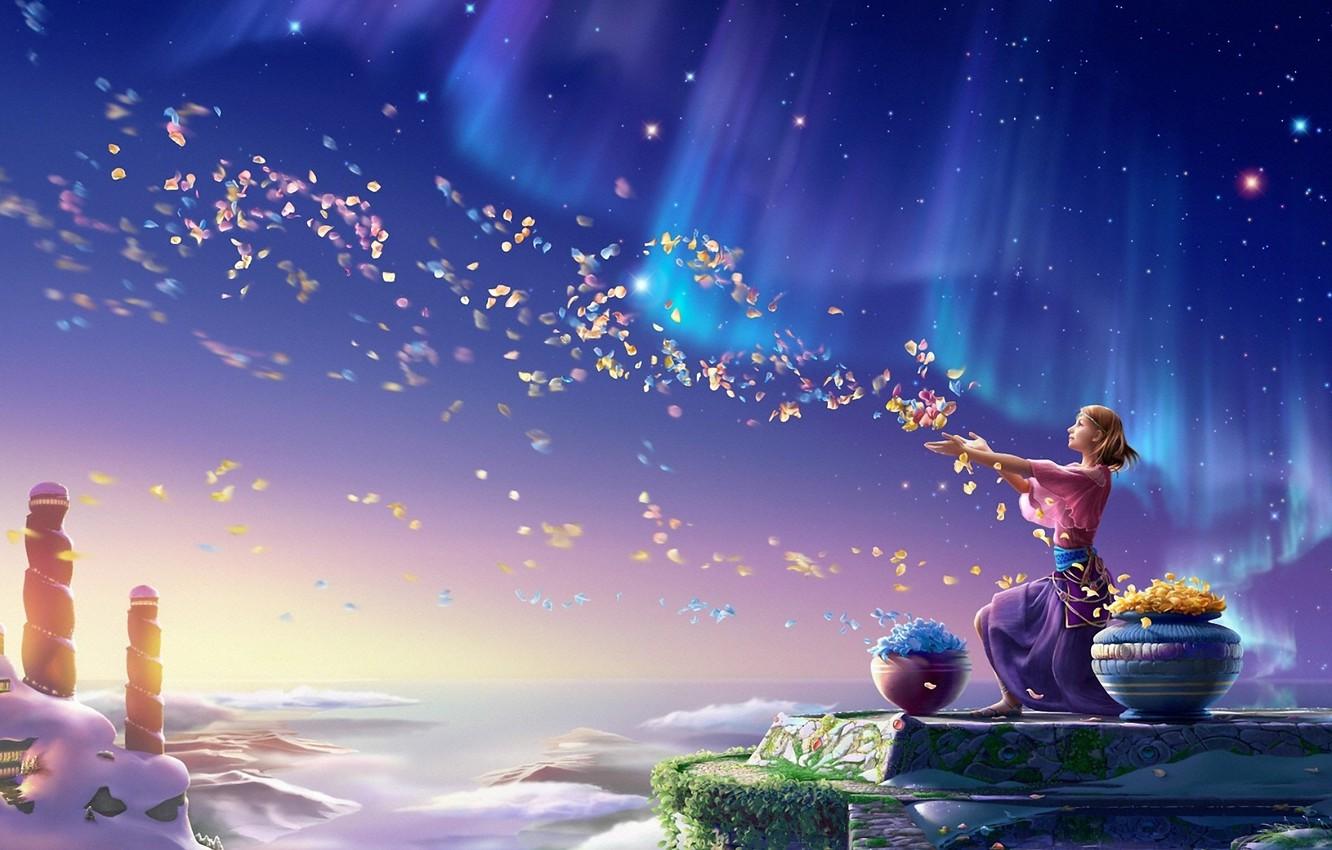 1332x850 Wallpaper the sky, girl, flowers, Northern lights, petals, art, kagaya image for desktop, section фантастика