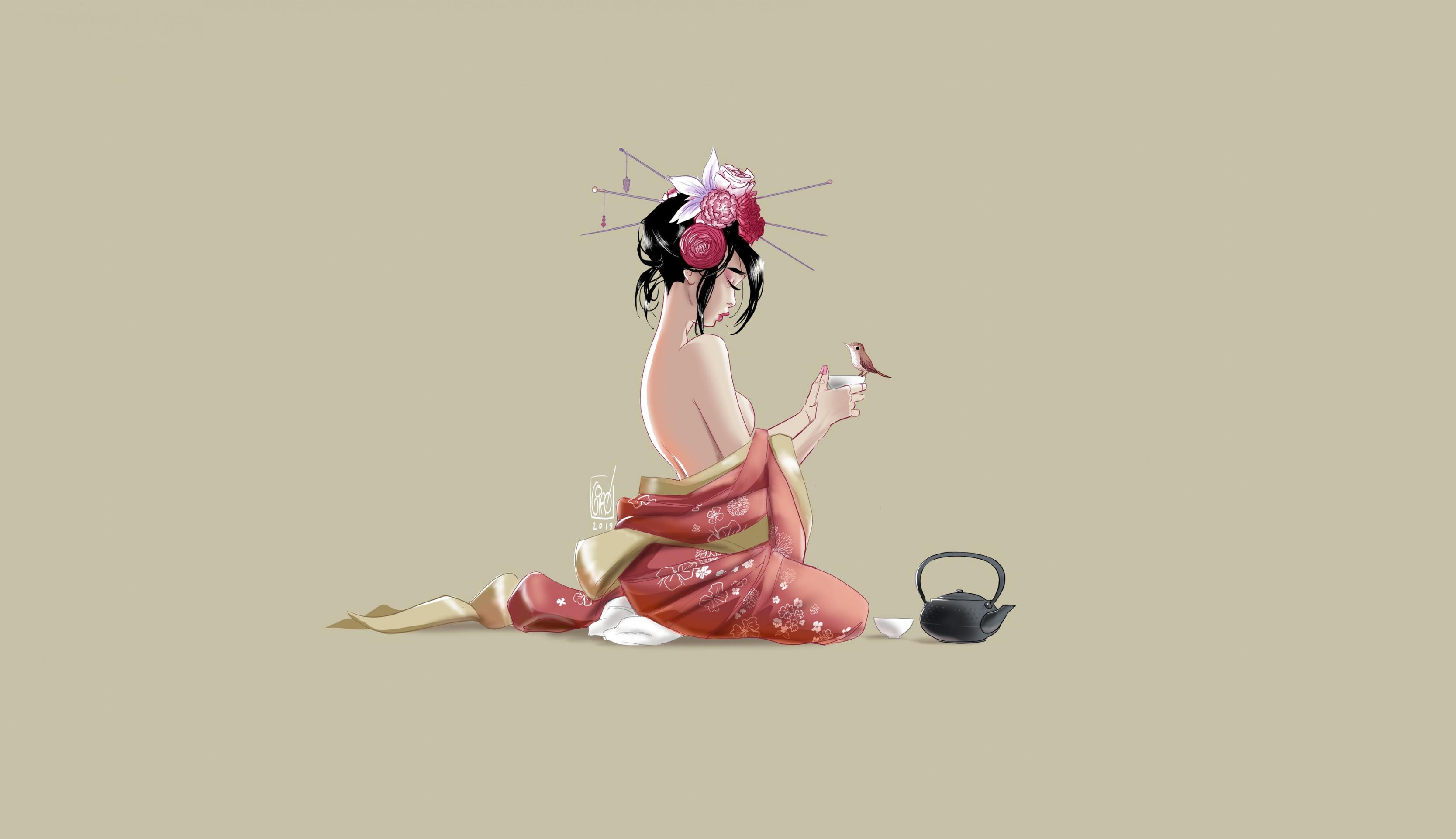 3334x1922 Download wallpaper Girl, Minimalism, Bird, Japan, Bird, Japan, Cup, Geisha, Japanese, Art, Tea, Art, Samurai, Memoirs of a Geisha, Tea, Kettle, section minimalism in resolution 3334x1922