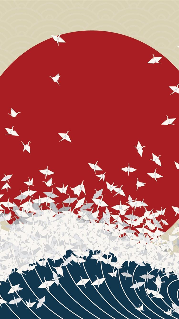 750x1334 Red Sun, Sea Waves, Birds, Japanese Art Design 750x1334 IPhone 8 7 6 6S Wallpaper, Background, Picture, Image